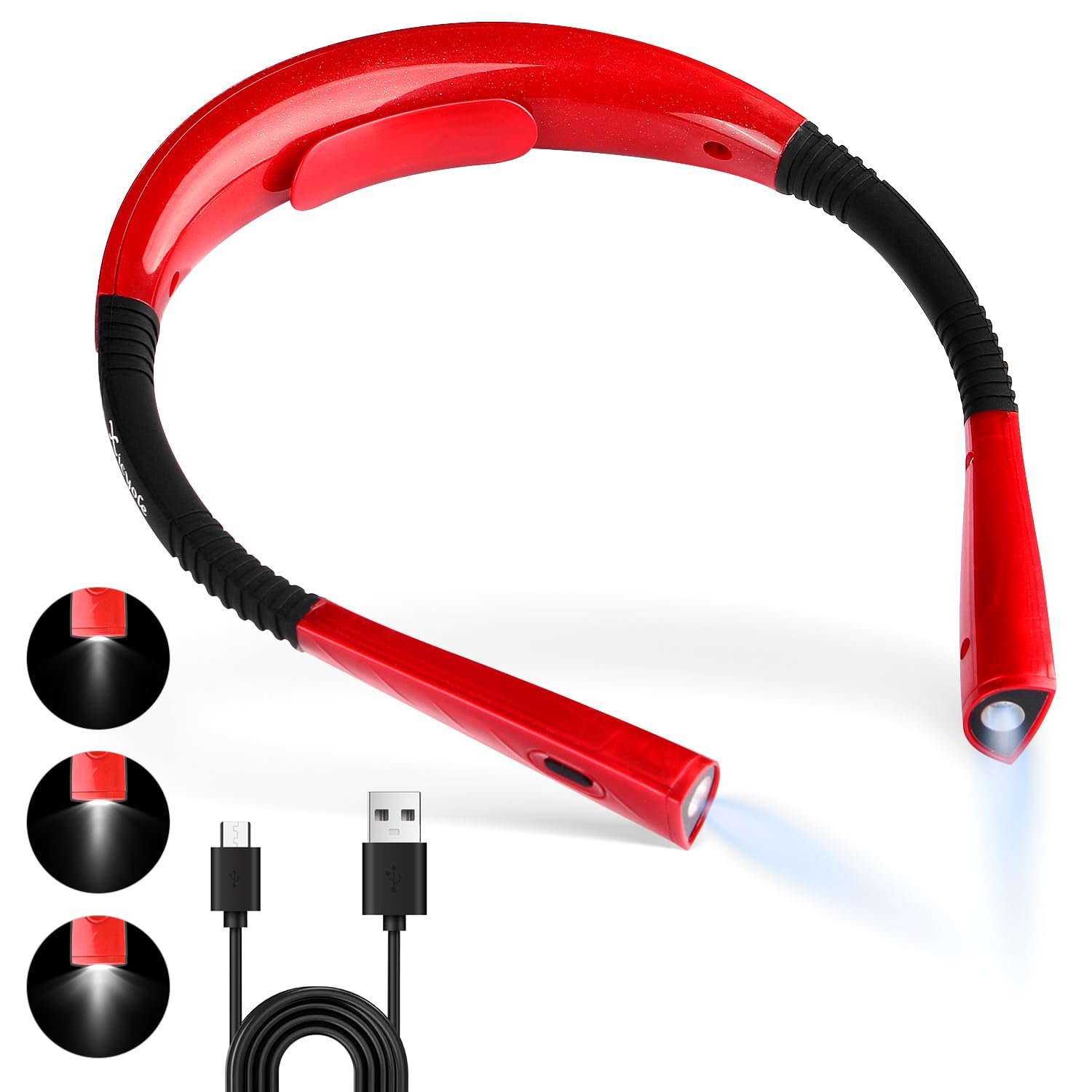 Xicyole Neck Reading Light - USB Rechargeable, Dual Cell, 3 Brightness Modes, 360 Flexible Arm, Hands-Free, Crochet Light, Red