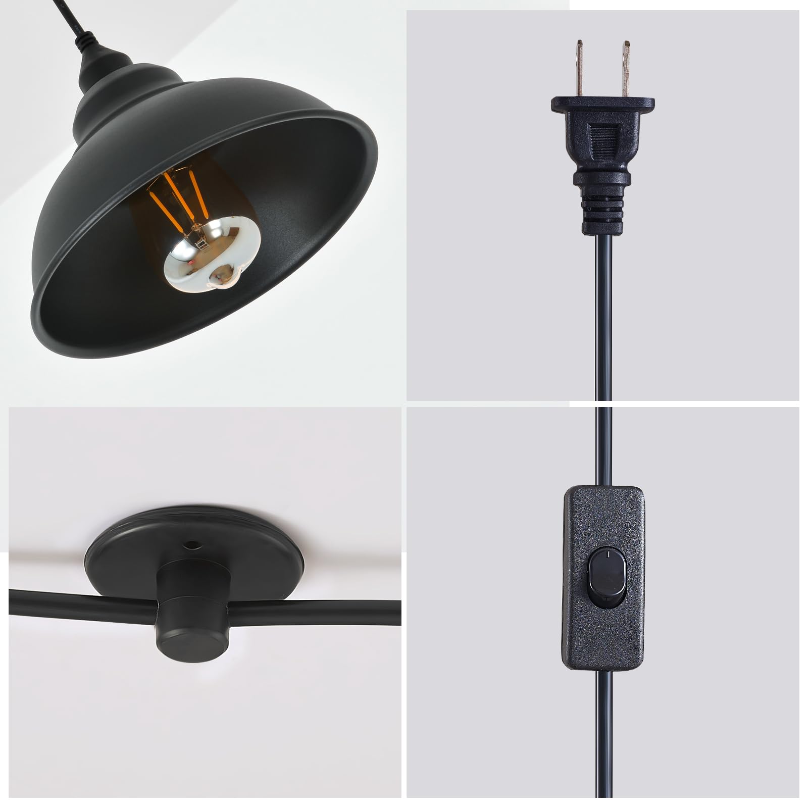 KOLAKODLUX Plug-In Pendant Light Fixture, Black 8" Metal Lampshade, Model MA6015, Stylish Hanging Lamp for Home Decor