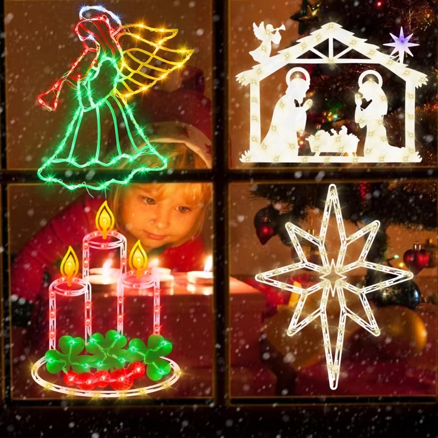 Pytopkto Christmas Decorations - 16" Christmas Window Silhouette Lights - 4 Pack Colour Lighted Nativity & Angel & Bethlehem Star & Candle For Holiday Indoor And Outdoor Wall Door Window Decorate