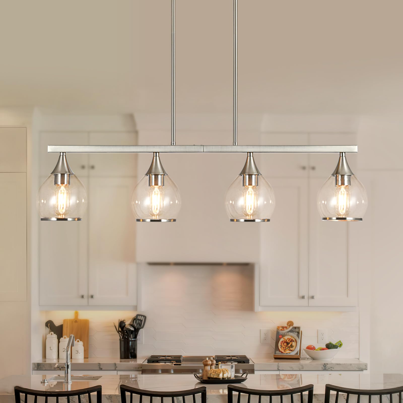 Island Light for Kitchen  4-Light Brushed Nickel Island Pendant Lighting with Clear Round Glass Shades for Kitchen  Dining Table  Living Room