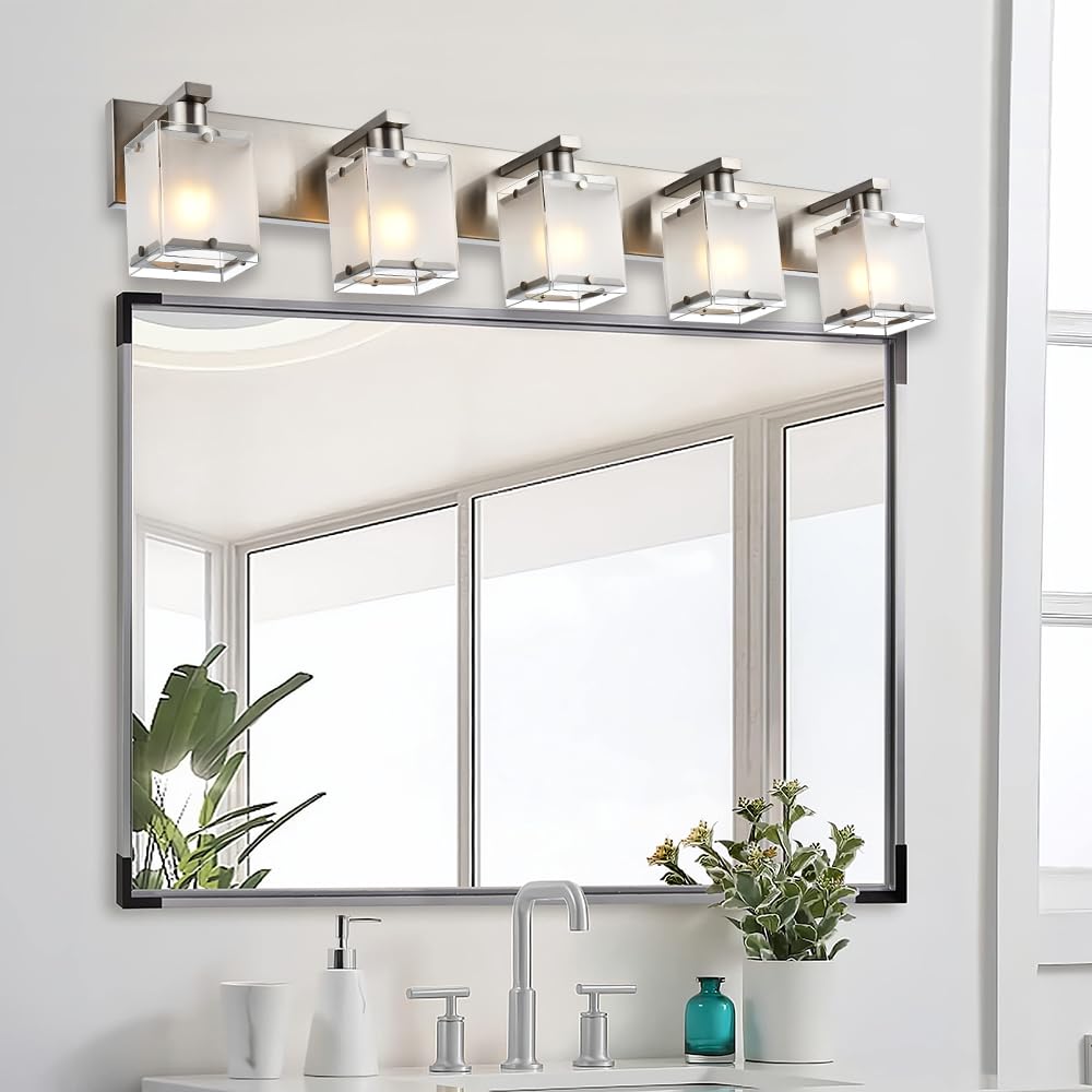 WINSHEN 5-Lights Bathroom Vanity Light Fixture, Modern Brushed Nickel Sconce with Frosted Glass Shades, E26 Bulb Base, Model 5WSN-XOTFZO