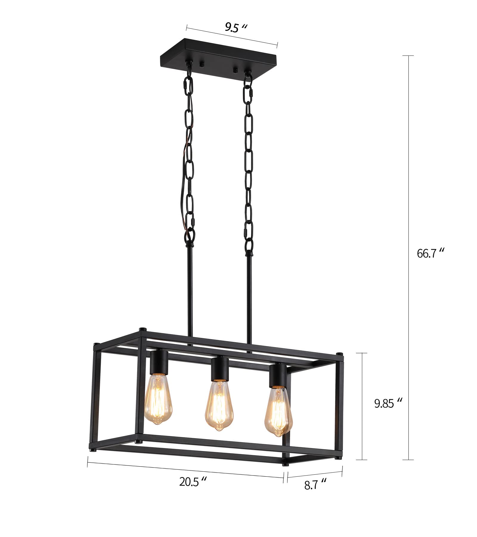 AMZASA 3-Light Black Linear Chandelier, Iron Modern Fixture for Dining Room, Kitchen Island, Model AS9009-3