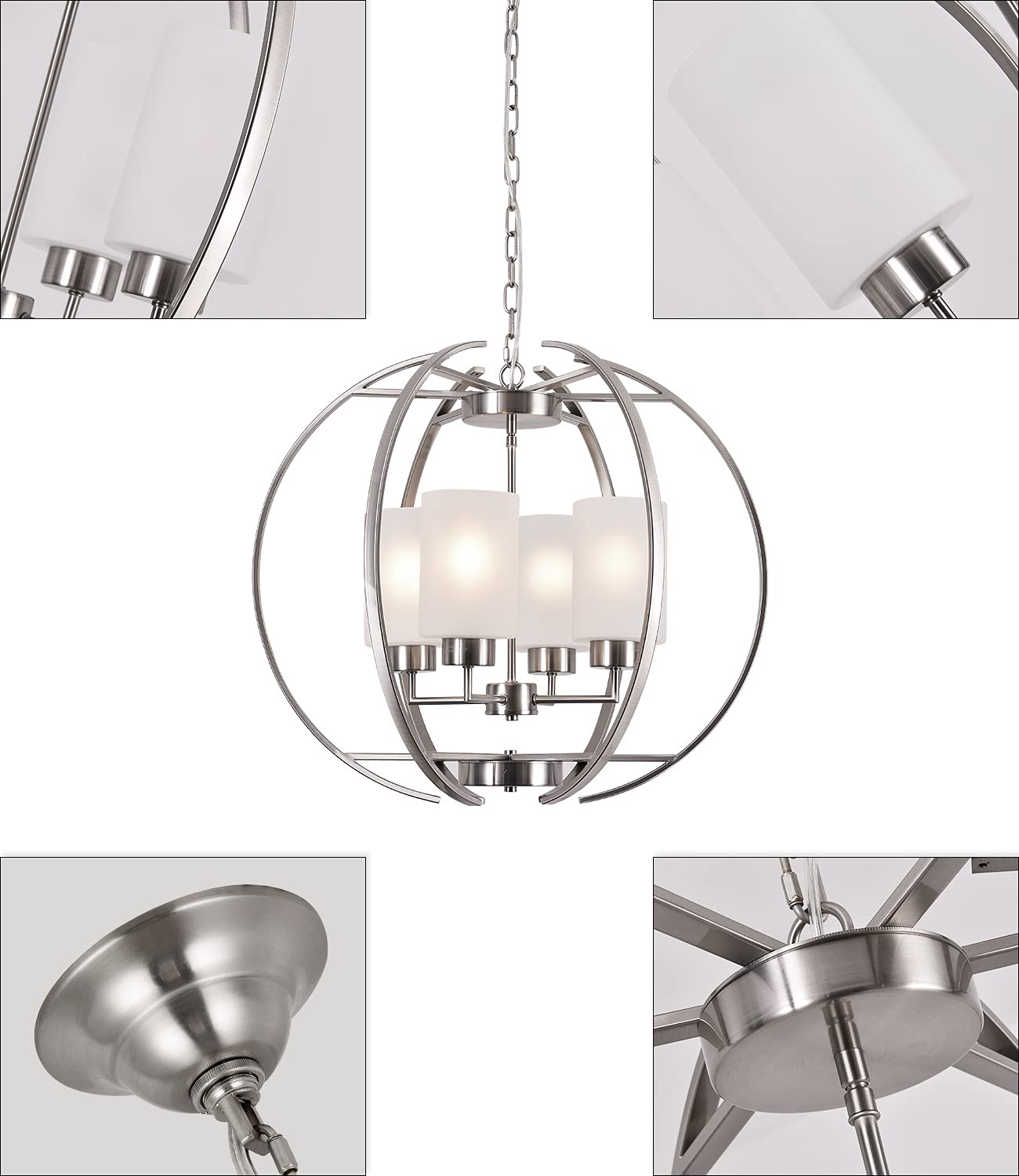 BOZO 24" Globe Chandelier - Brushed Nickel Modern Pendant Lighting with Frosted Glass Shades, Large Size, Model 8868/4