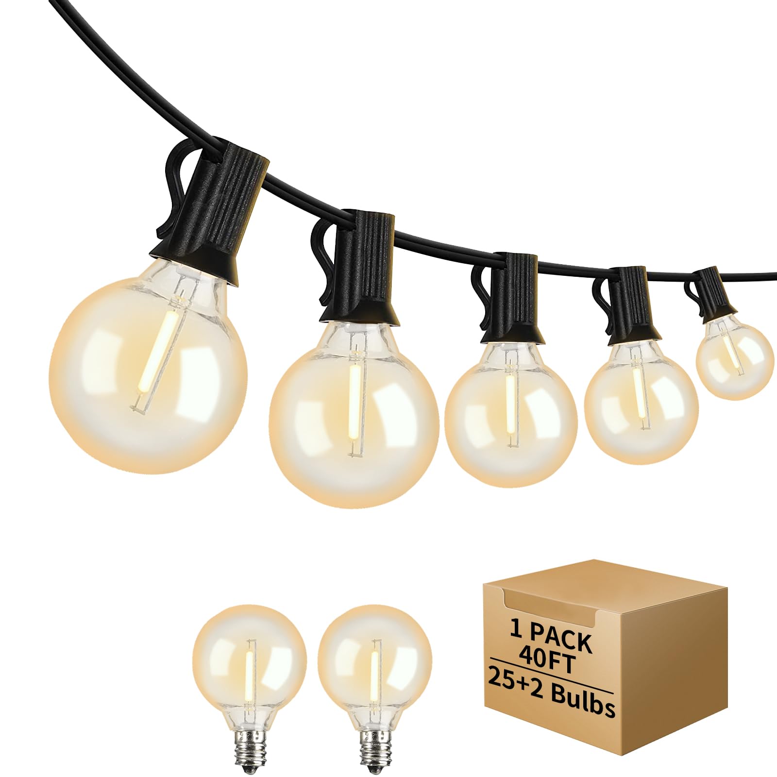 ShineU 40FT LED Outdoor String Lights, Waterproof G40 Globe, 27 Shatterproof Edison Bulbs, Clear Light 2200K