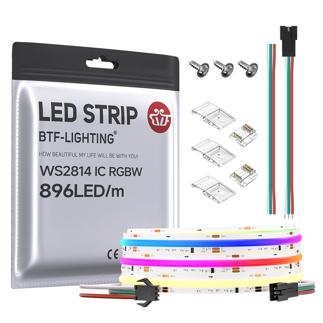 Btf-Lighting Fcob Cob Led Strip Ws2814 Ic Rgbw 3000K Flexible High Density Color Chasing Uniform Light 9.8Ft Dc24V 896Led/M 16Ic/M 12Mm Width For Home Diy Lighting Projects(No Adapter Or Controller)