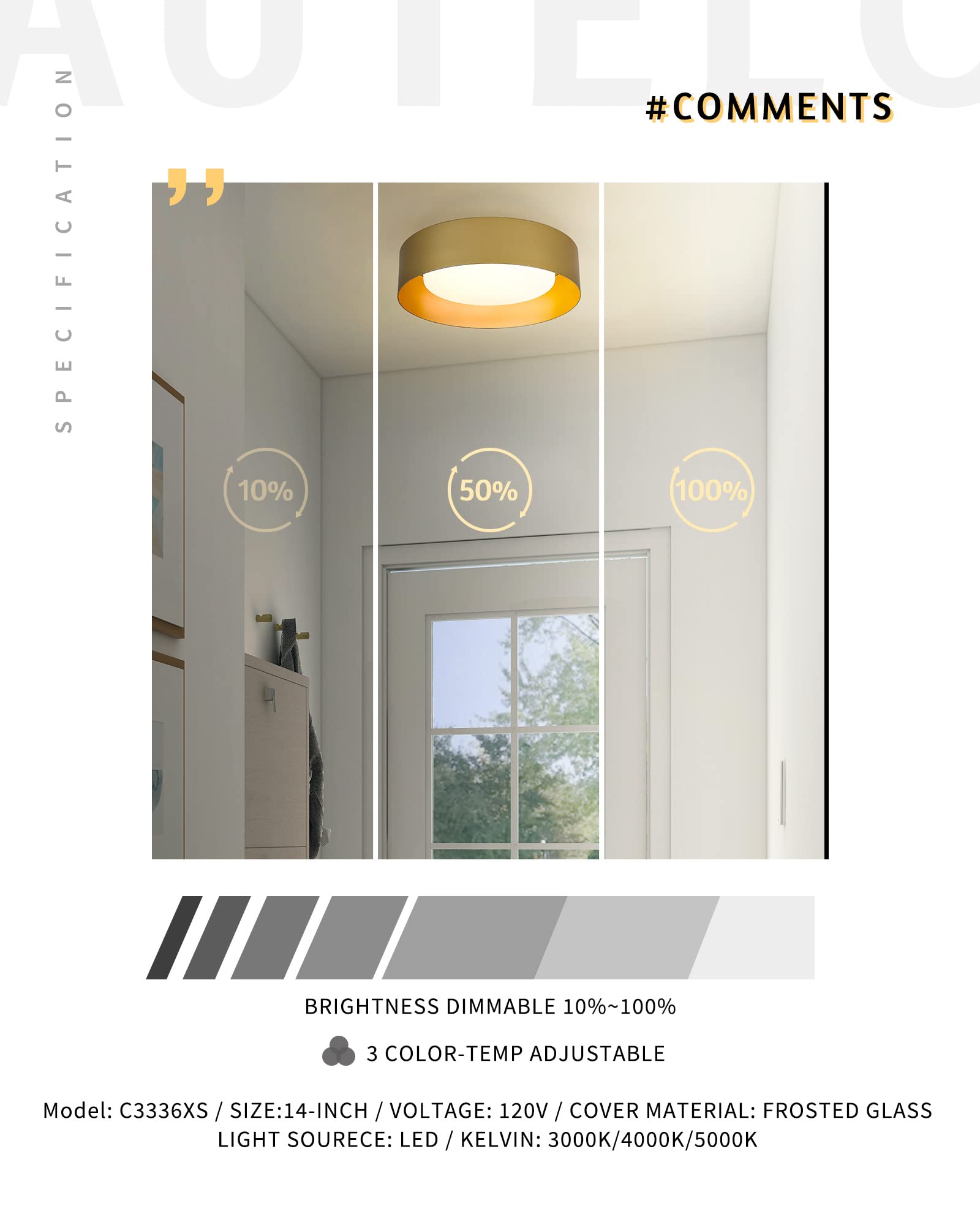 Autelo Gold Flush Mount Ceiling Light, Led 14'' Ceiling Mount Light Fixture With Frosted Glass For Bedroom Foyer Hallway C3336Xs