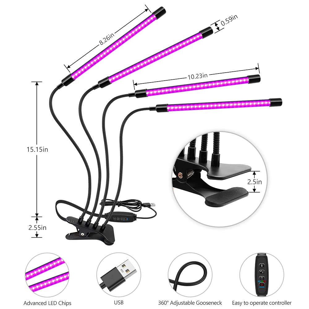 YGS-Tech LED Black Light Fixture, 4-Head, 40W UV Lamp, USB Powered, 395-405nm, Black