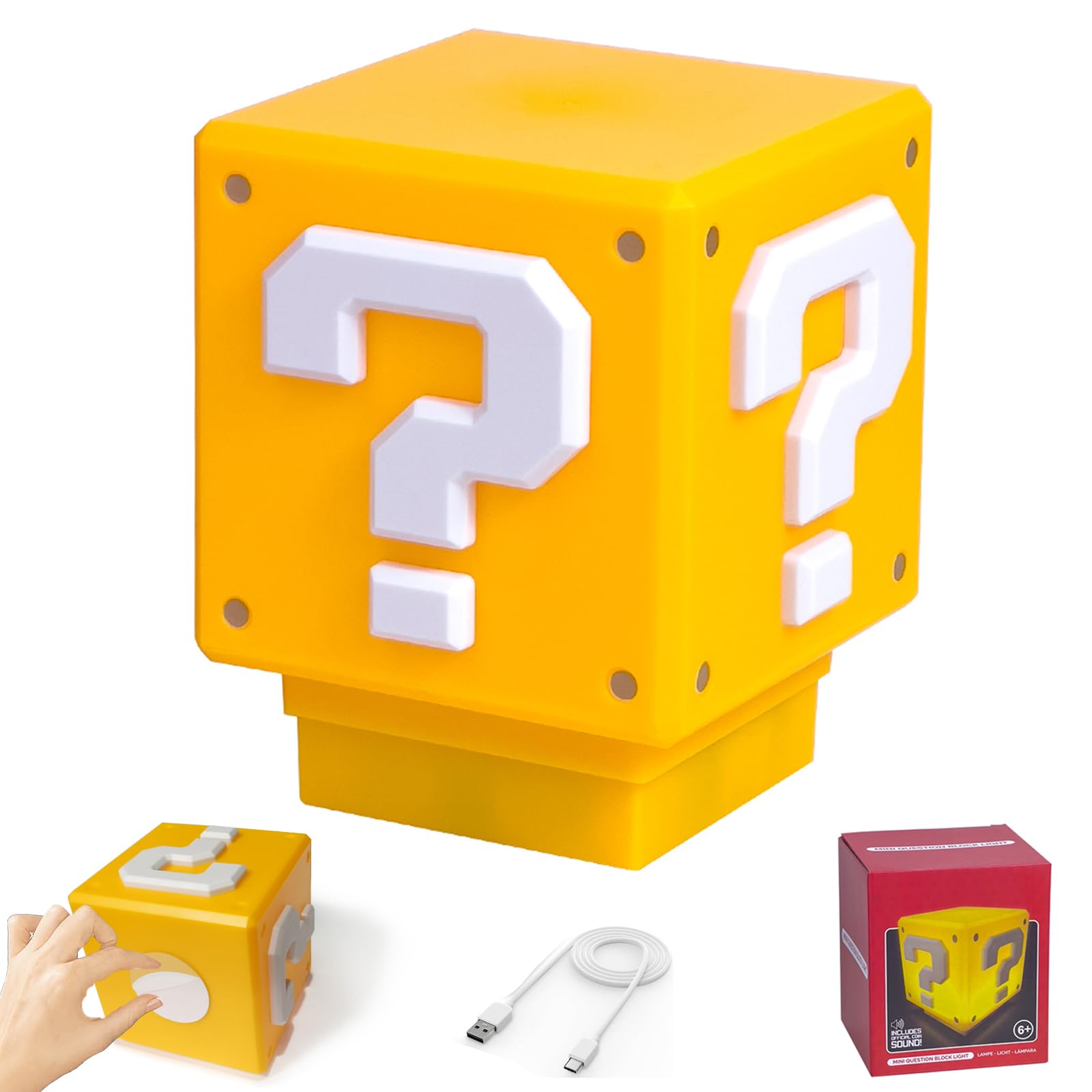 TNOKDY Super Bros Mini Night Light Question Block Toys Night Light for Kids Square Brick USB ith Game Sound Effects Lamp for Des
