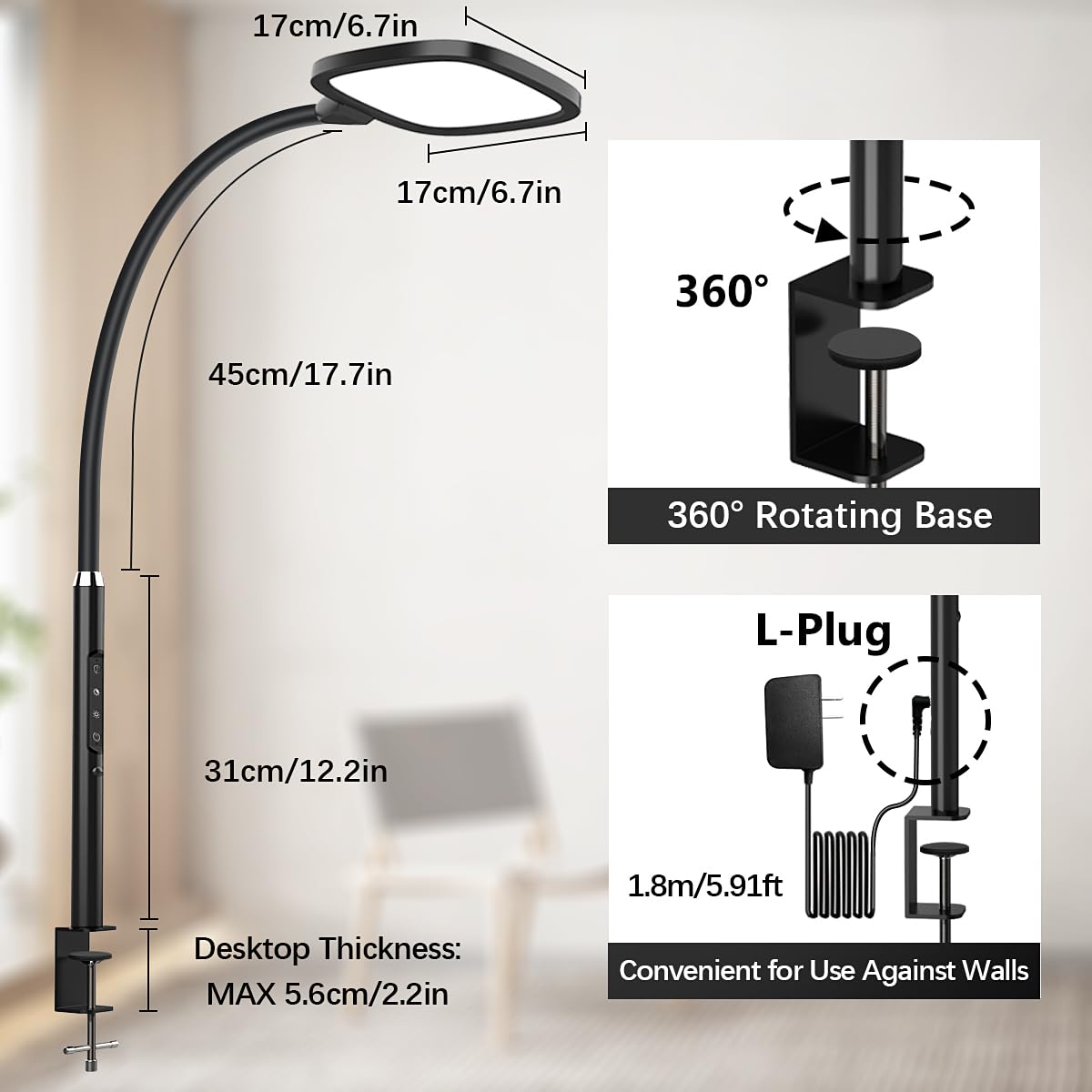 Hapfish Led Desk Lamp - Dimmable Clamp Light For Video Conferencing, Rotatable, Black