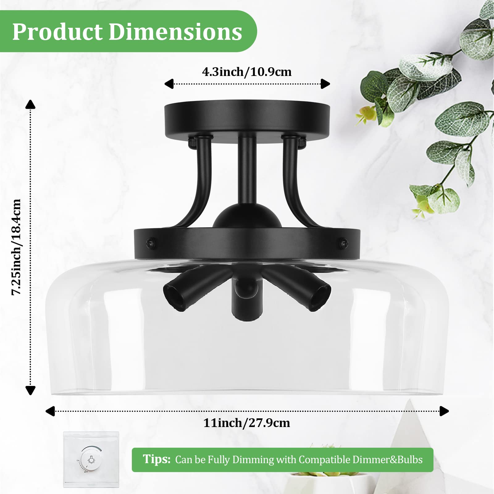 Tobusa Modern Industrial 3-Bulb Black Semi Flush Mount Ceiling Light With Glass Shade