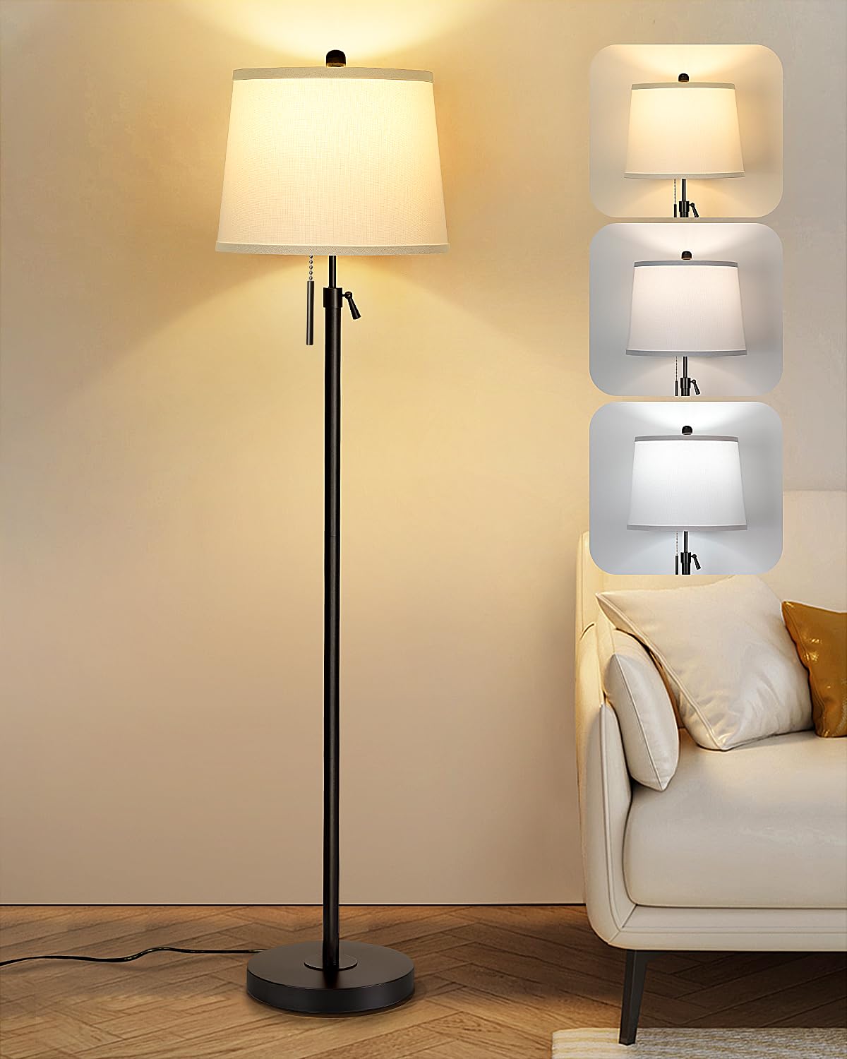 Junnai Black Floor Lamps For Living Room Adjustable Height Standing Lamp Modern Tall Pole Lamps For Bedroom Office With White Li