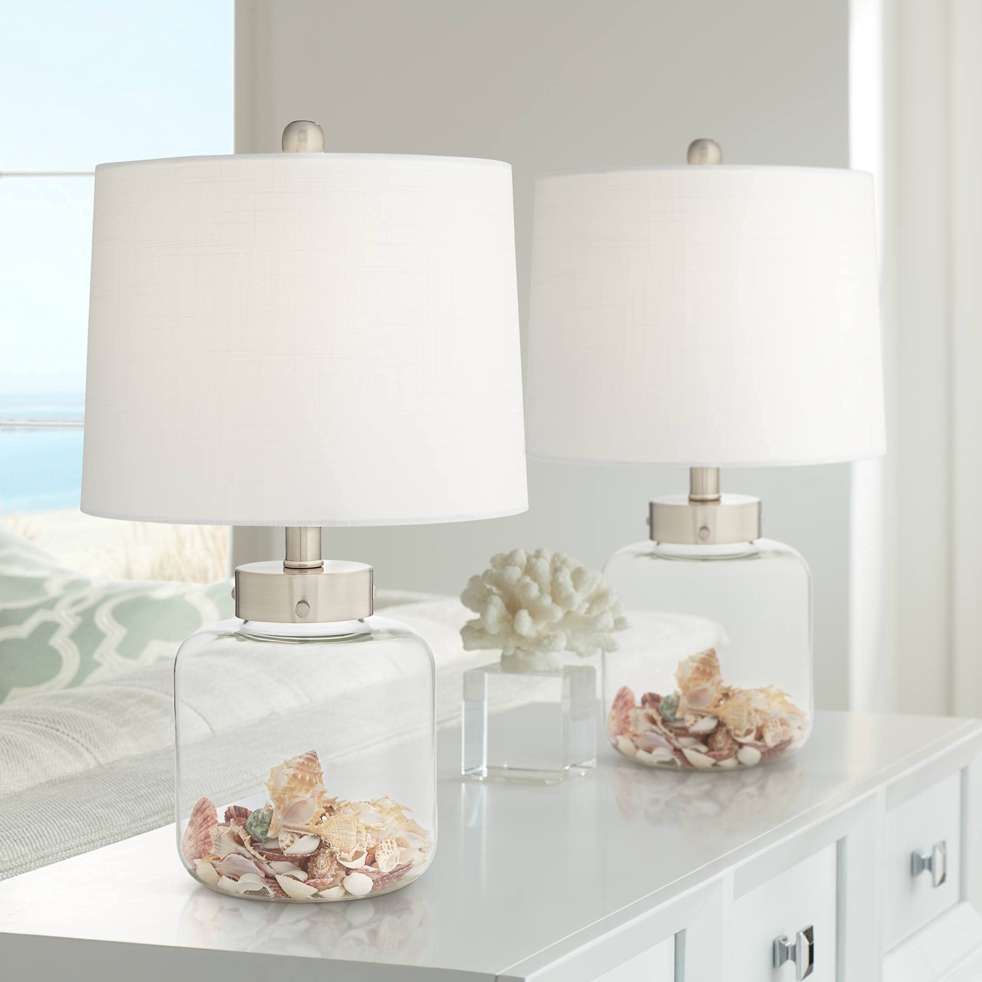 360 Lighting Coastal Accent Table Lamps Set of 2, 20.5in High, Clear Glass Fillable Shells, White Drum Shade