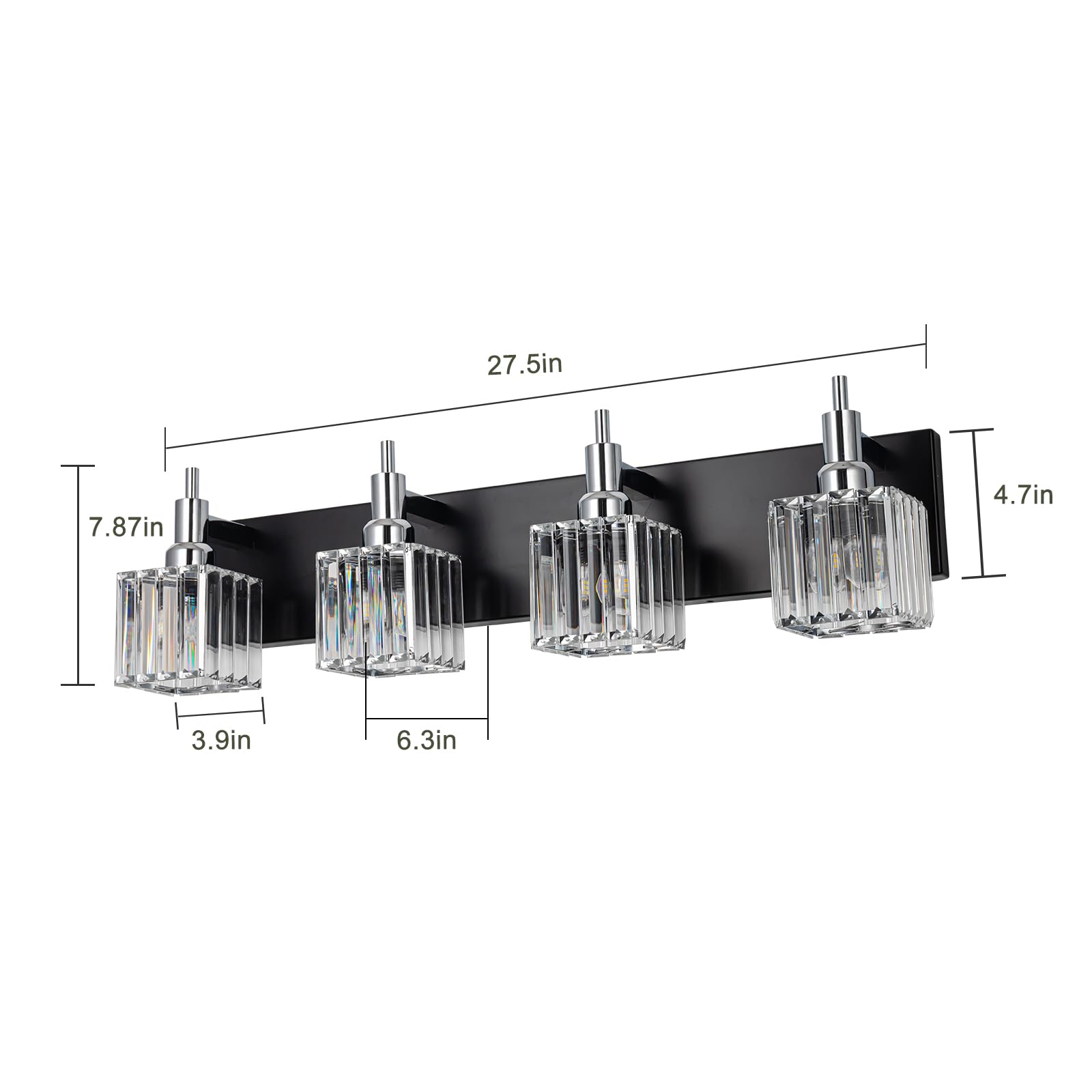 HUOKU Bathroom Vanity Lights, 4-Light Modern Crystal Wall Light, Black Chrome with Square Shade, Metal Construction
