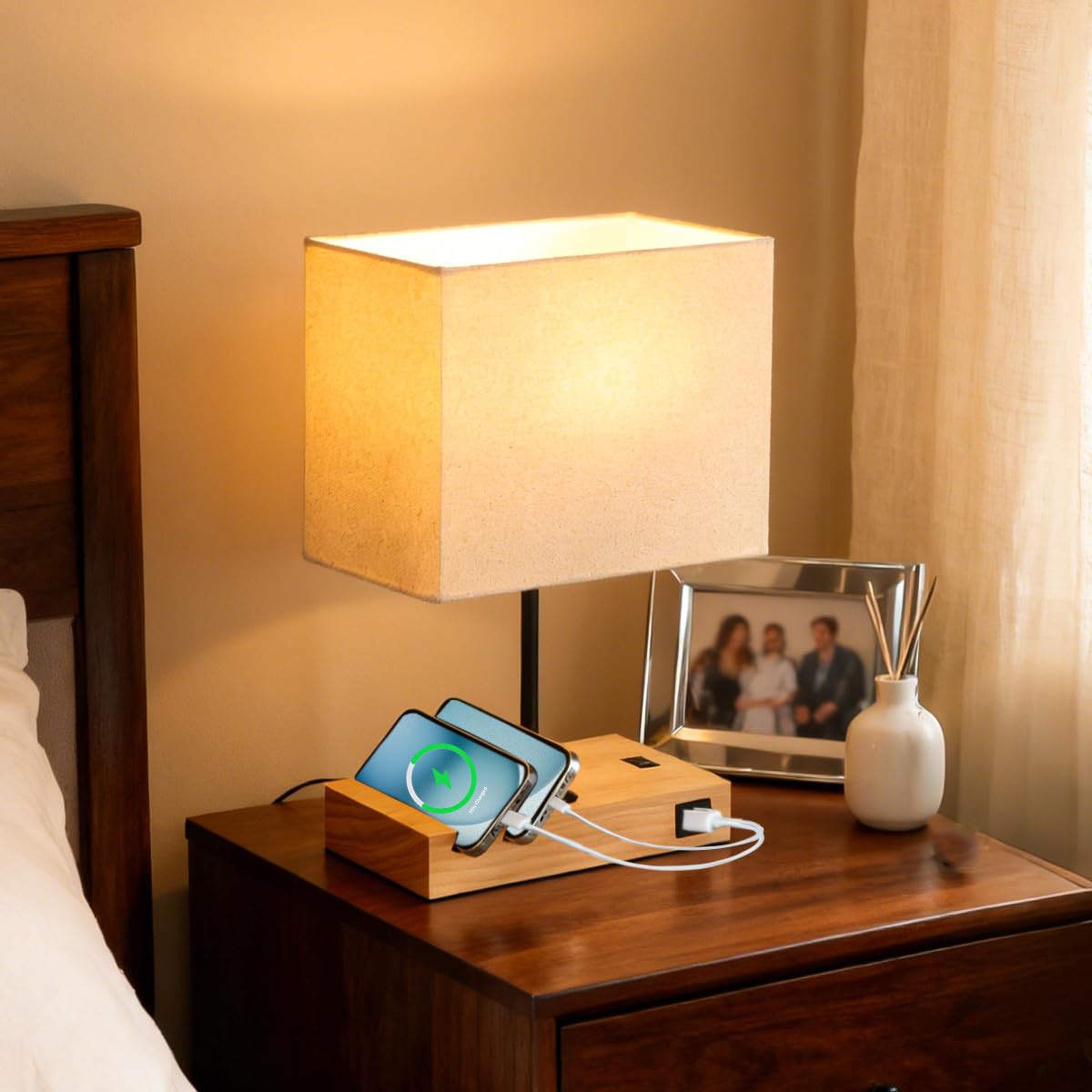 HoperBriwght Touch Nightstand Lamp with USB C Port, Charging Station, Wood, Model TNL, Bulb Included
