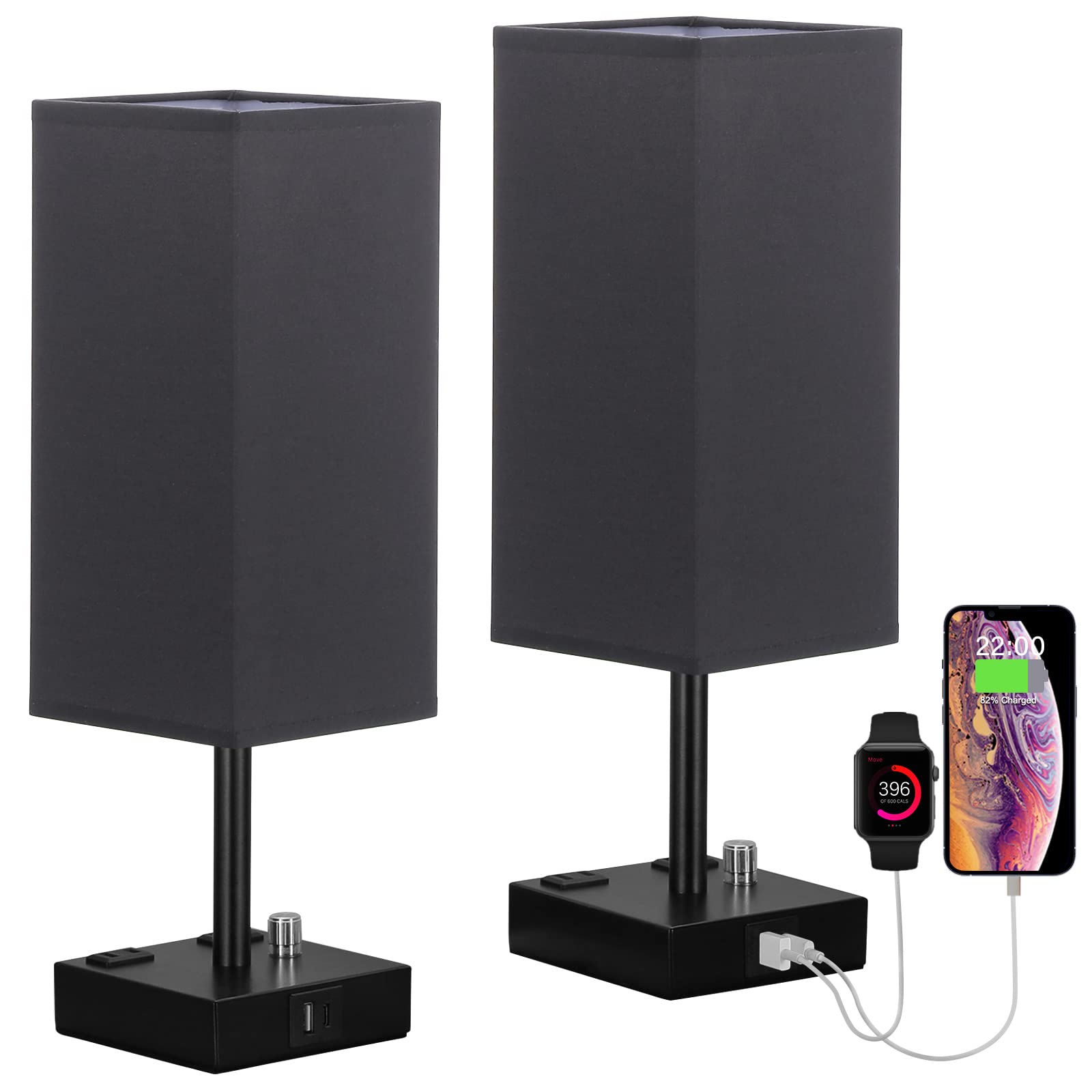 Black Fully Dimmable Nightstand Lamps Set of 2 - Table Bedside Lamp with USB C+A Charging Ports & 2 AC Outlets, Square Lamp Sets