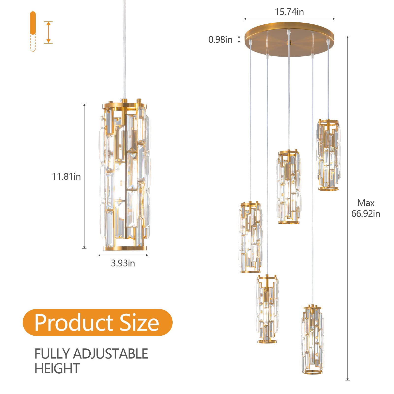 Lmqnine 5-Light Gold Pendant Light, Modern Mini Crystal Chandelier For Kitchen Island & Dining Room