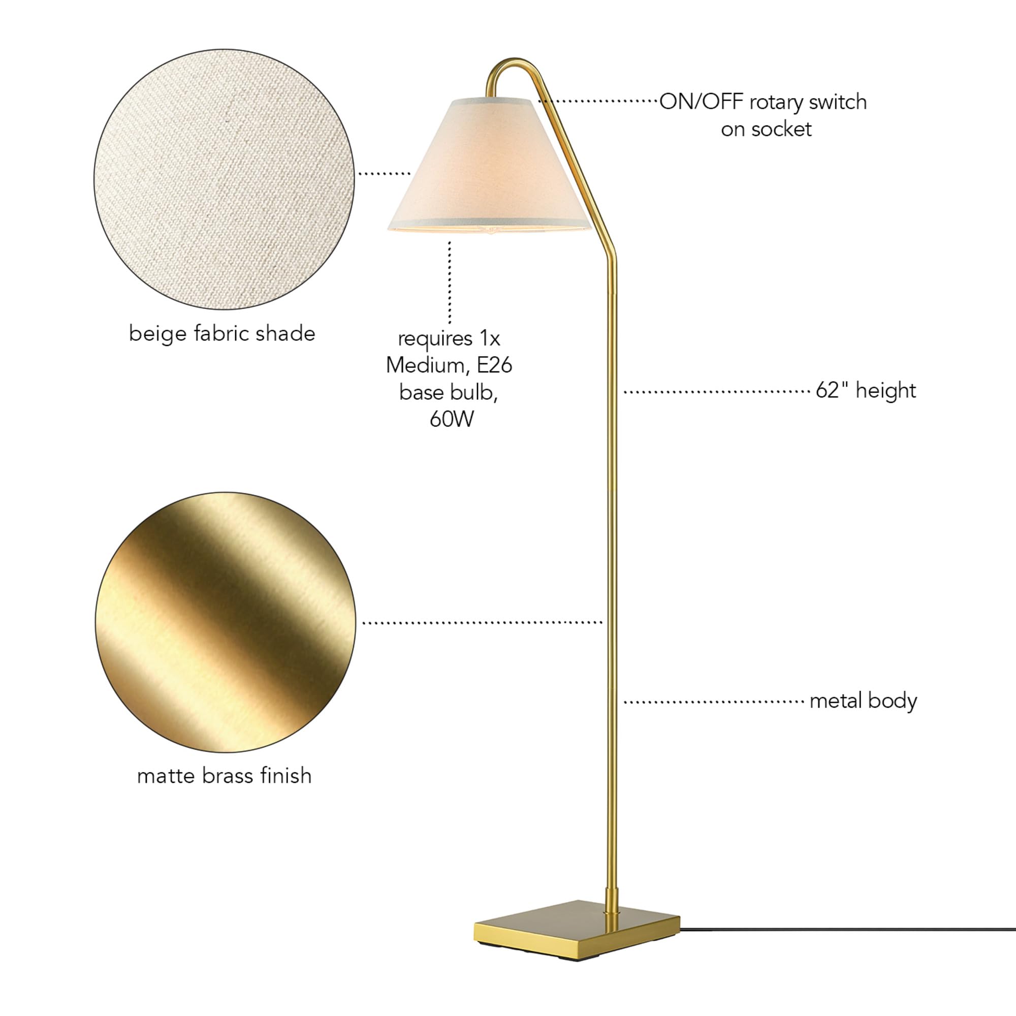 Globe Electric 61000147 62'' Floor Lamp, Matte Brass, Beige Fabric Shade, On/Off Rotary Switch On Socket, 6-Foot Clear Cord, Rea
