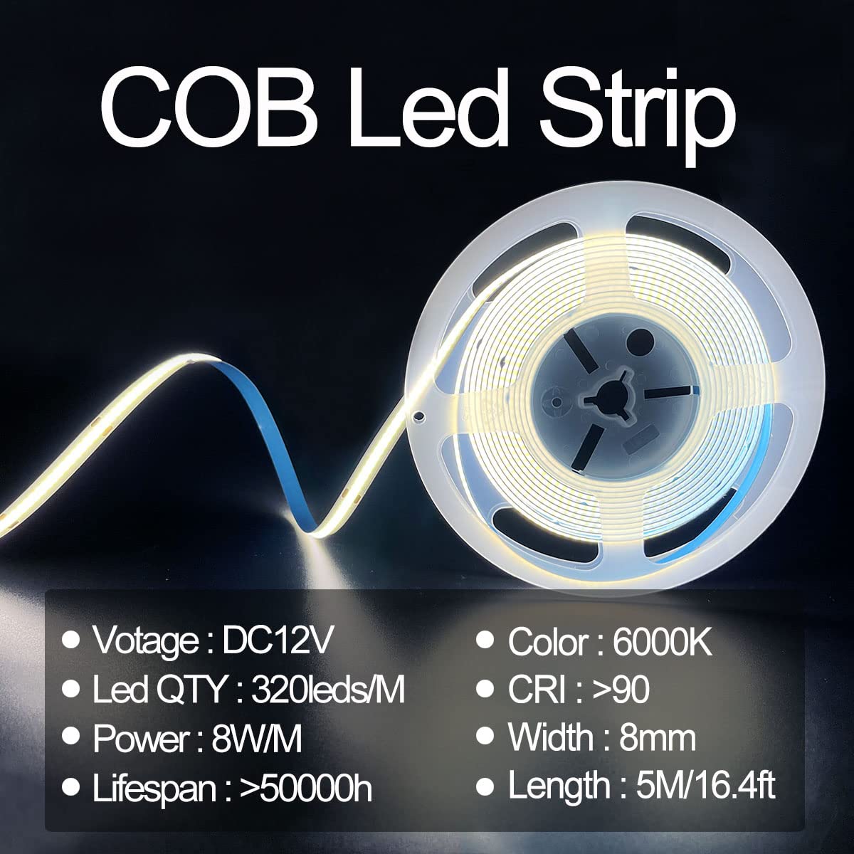 Hamrvl Cob Led Strip Lights White 6000K,Dc12V 16.4Ft/5M 320Leds/M Cri90 Flexible Led Tape Lights 8Mm,For Indoor Home Cabinet,Bed
