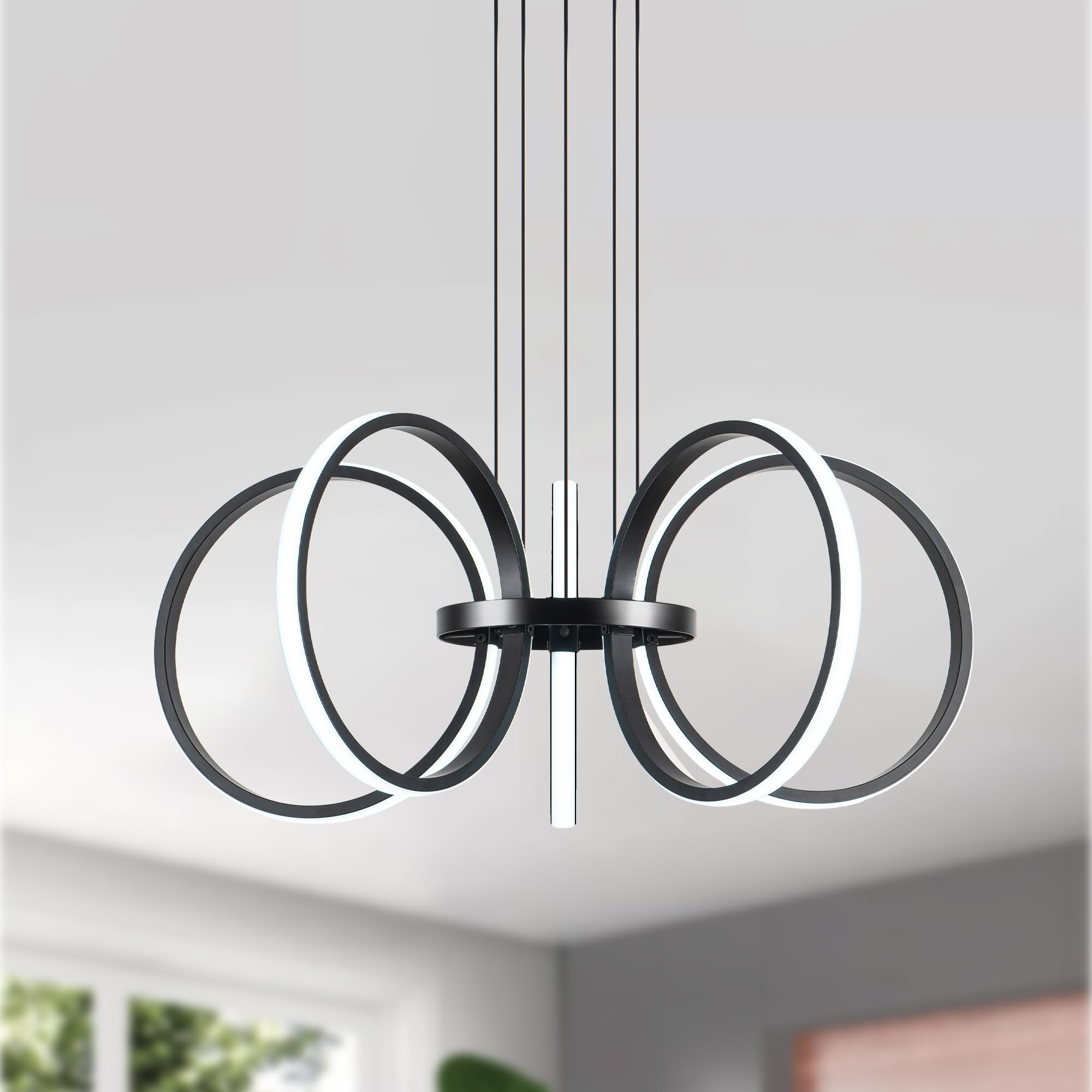 Mayna Modern Led Chandelier, Black Pendant Light With 5 Rings, Adjustable Height Modern Chandeliers For Dining Room Living Room 