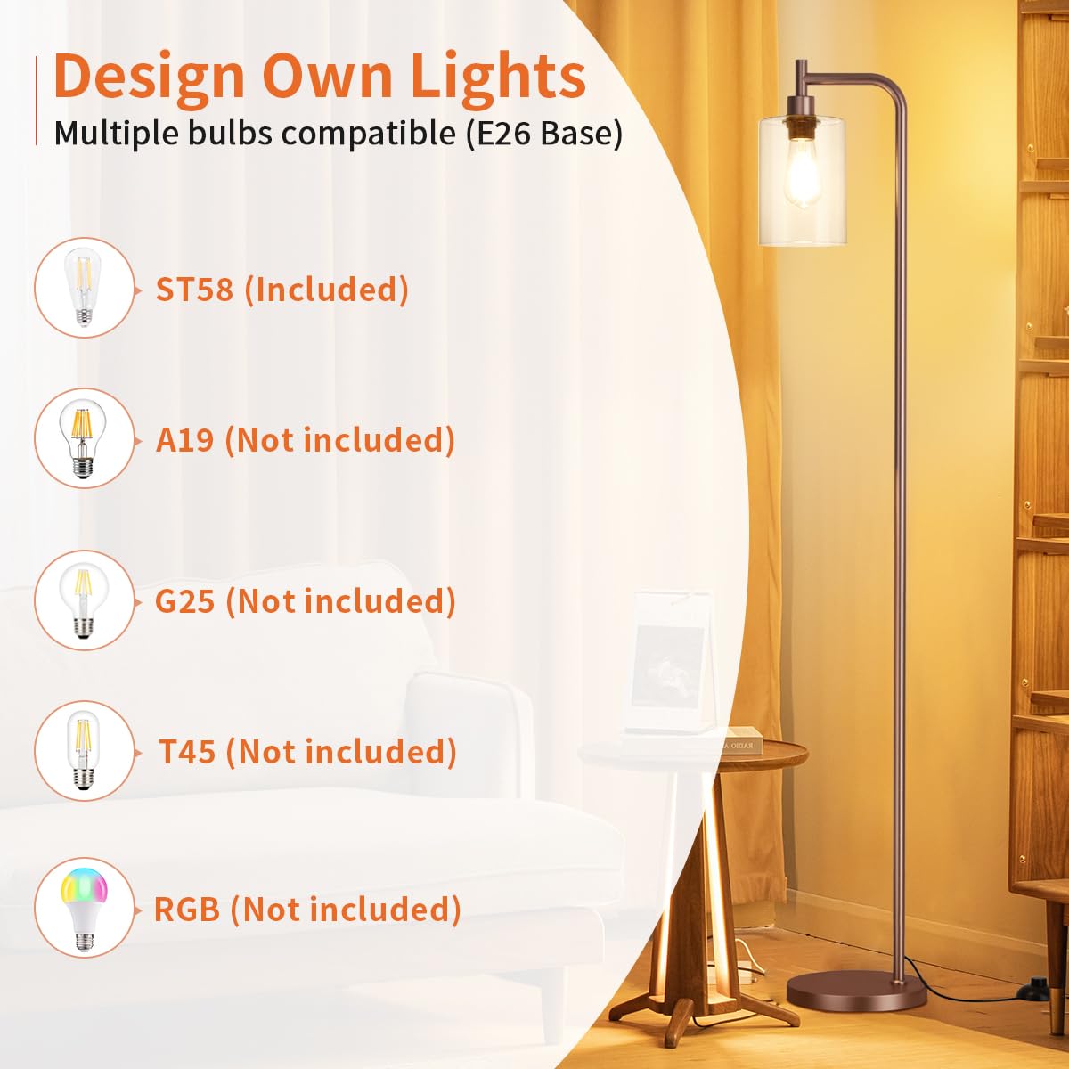 Ziisee Floor Lamps For Living Room - Industrial Standing Lamp With Glass Shade, Modern Floor Lamp With Led Bulbs, Farmhouse Floor Lamp For Bedroom, Tall Lamp For Office - Brown