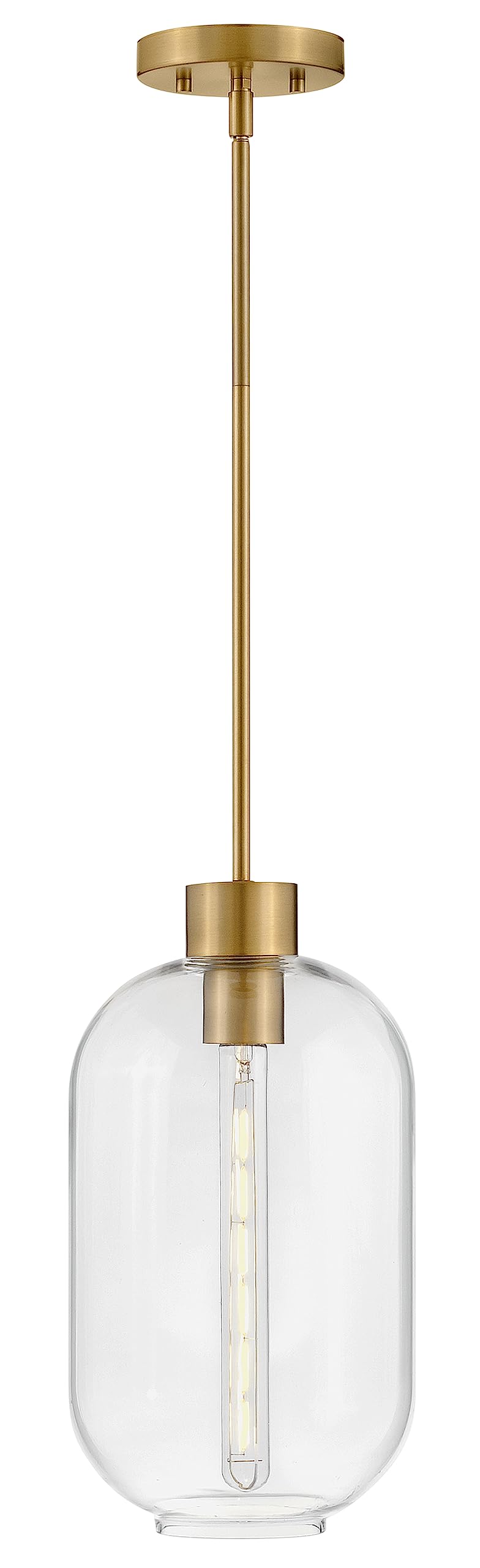 Lark Greer Small Pendant Light, Elongated, Pill-Shaped Clear Glass Shade, for Sloped of Even Ceilings, Lacquered Brass
