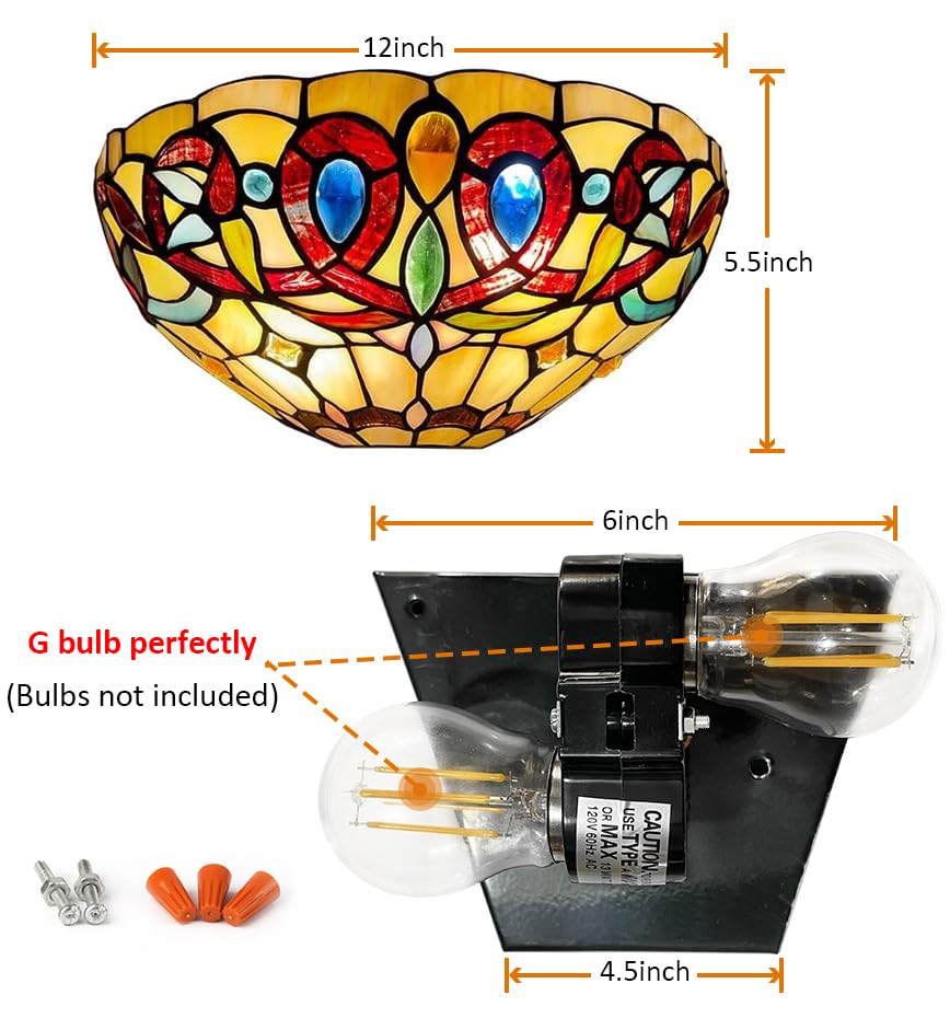 Capulina Tiffany Wall Sconces 12 Inches Wide Cream Brown Style Stained Glass Wall Light Fixtures For Hallway Stairway Bedroom Cinema Bathroom