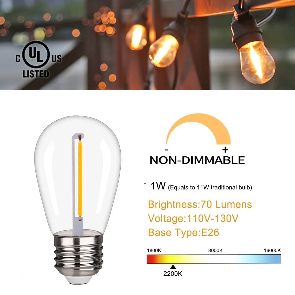 KGC S14 LED Edison Bulbs, 1W Equivalent to 10W, Shatterproof & Waterproof, 2200K, E26 Base, 15 Pack