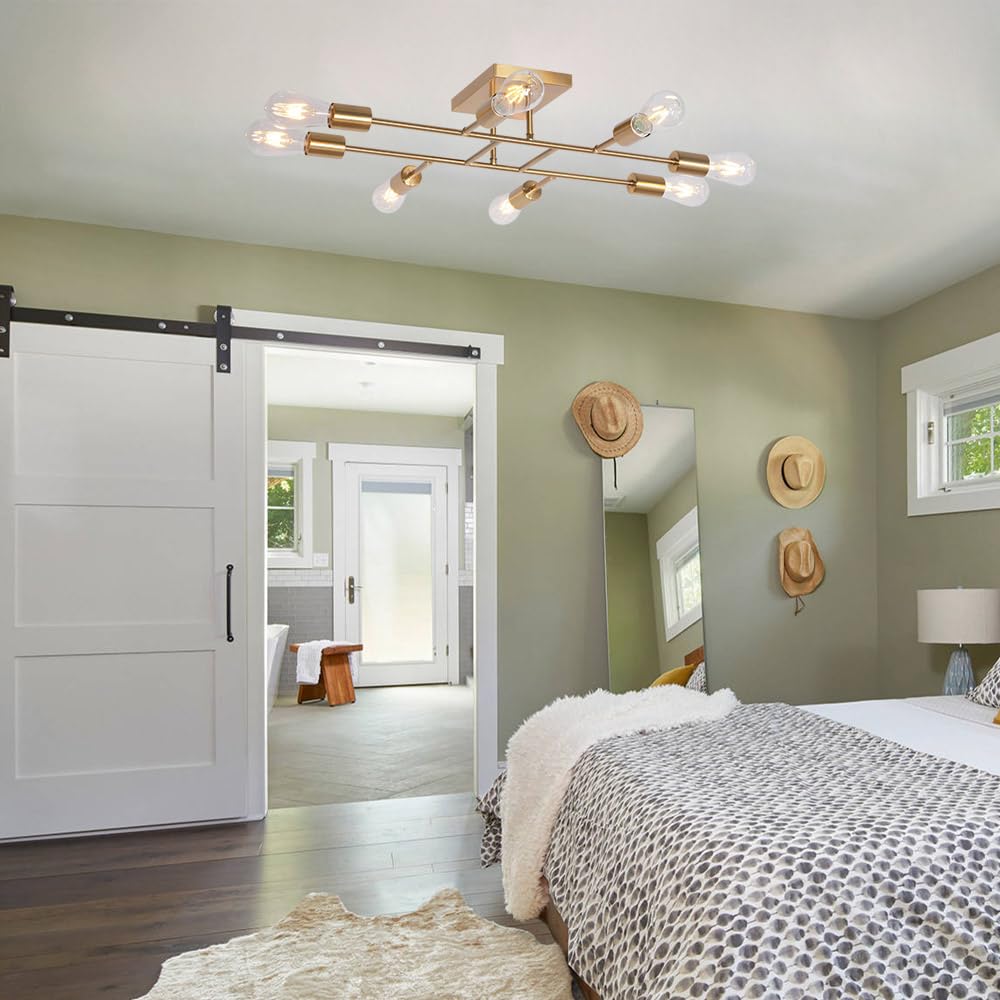 Tuluce Mid Century Modern Ceiling Lighting Fixture Industrial Semi Flush Mount Light Ceiling Brushed Brass 8 Light Kitchen Light