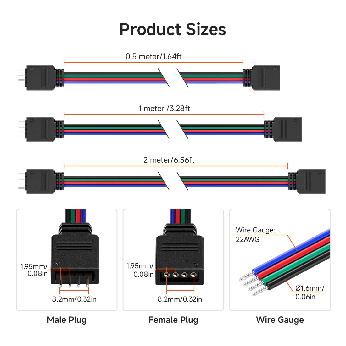 Btf-Lighting 5 Pack 22Awg 4 Pin Jst Male To Female Plug Led Connector 1.64Ft/0.5M Extension Cable For Fcob Smd Rgb Led Strip Lights Solderless Controller Wire