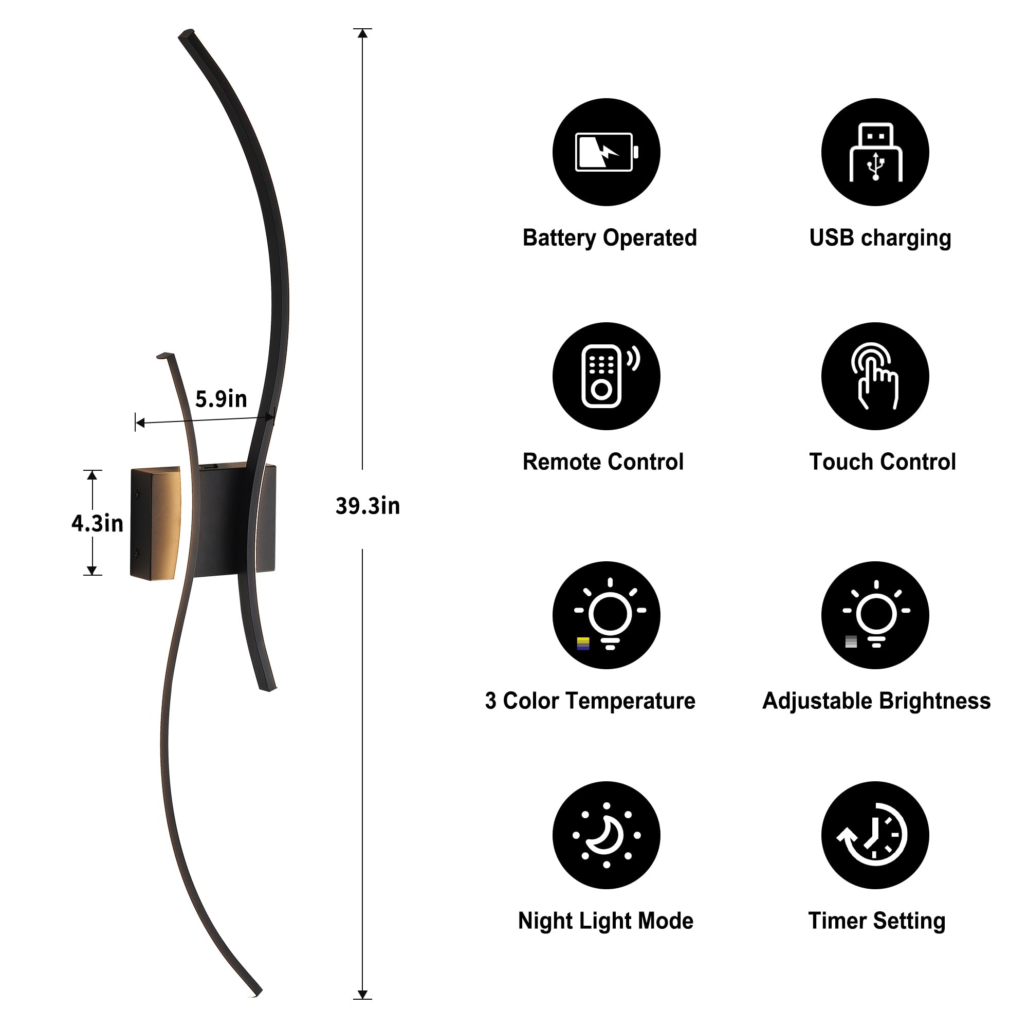 KARTOOSH Battery Operated Wall Sconce, Remote Control, LED Dimming, 39.3" Black, Model ZM319BBL100-N1-1A