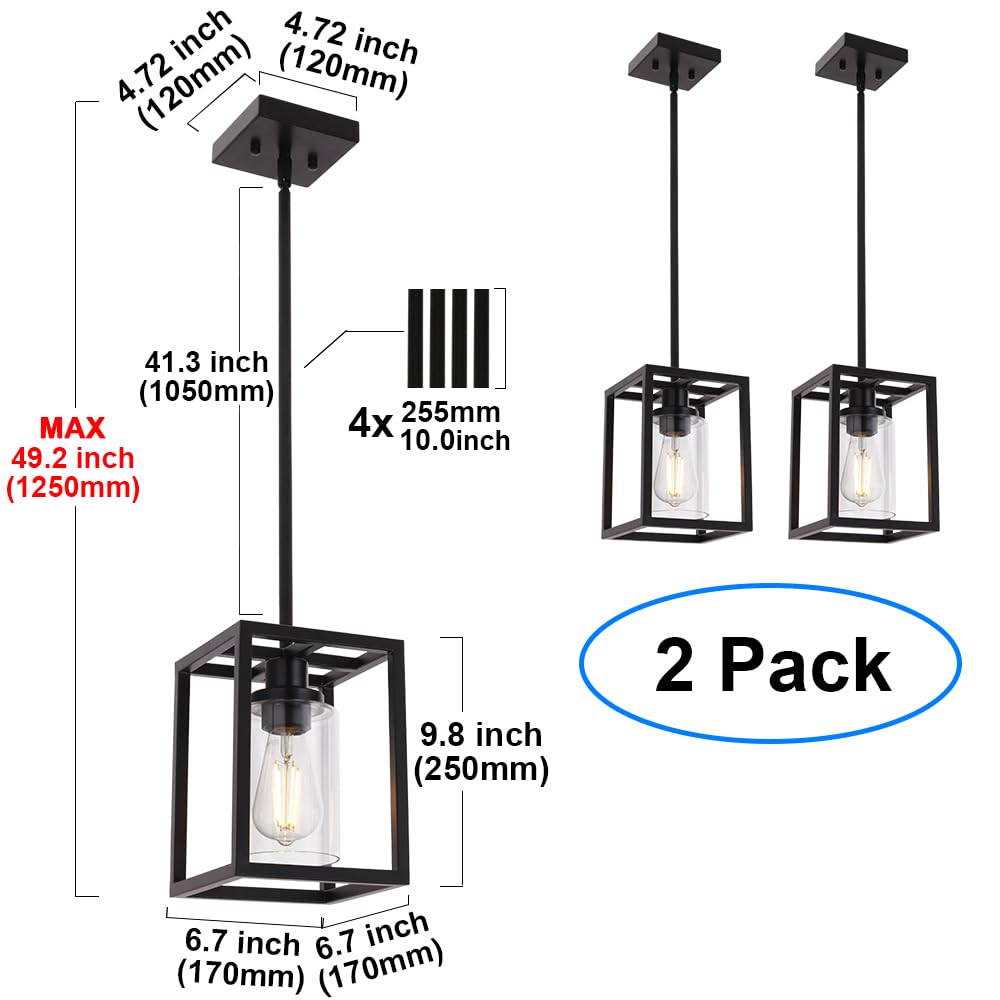 MELUCEE Glass Pendant Lights, Black Metal, 2 Packs, 6.7 inches, Clear Glass Shade, Model 4-45011-2P-2BL, Ideal for Kitchen