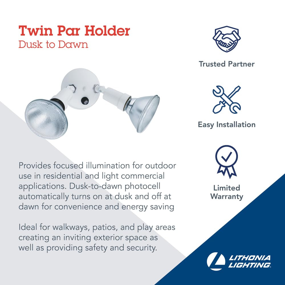 Lithonia Lighting Adjustable Twin Par Outdoor Flood Light Holder, 120V, Photocell Dusk to Dawn, White, Aluminum, Model OFTH 300PR 120 P WH-M12