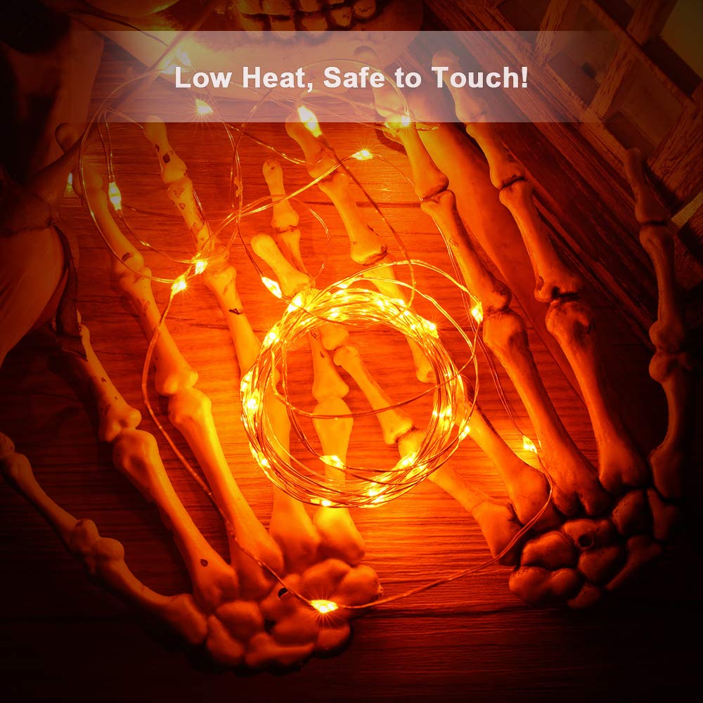 BrizLabs Orange Halloween Lights, 60 LED Fairy Lights, 19.47ft, Battery Operated, Indoor, Silver Wire, 2 Pack