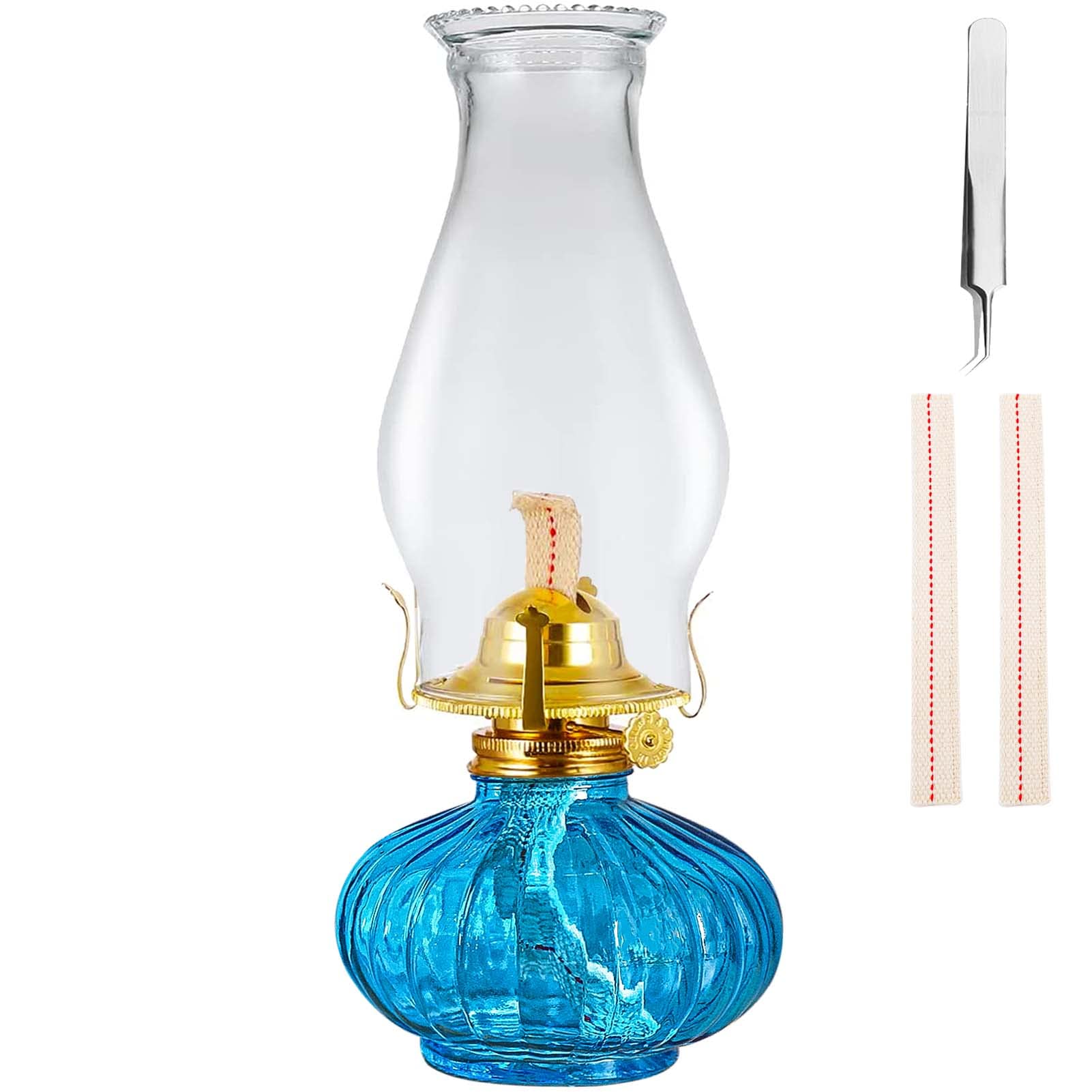 Large Oil Lamp for Indoor Use Rustic Kerosene Lamp with 2 Pcs Wicks and 1 Tweezers Glass Hurricane Lantern for Home Emergency Lighting (Blue)