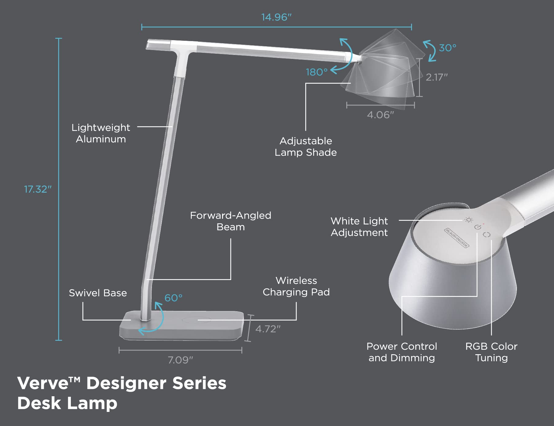 Black+Decker Verve Designer Desk Lamp With Qi Wireless Charger, True White Led + 16M Rgb Colors