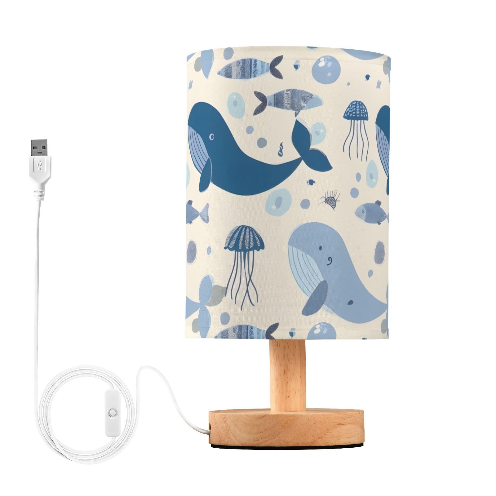 MFTJYO Bedside Table Lamp Whales Jellyfish Blue Ocean Table Lamp for Bedroom Nightstand Lamp with USB Port LED Desk Lamp Shade L
