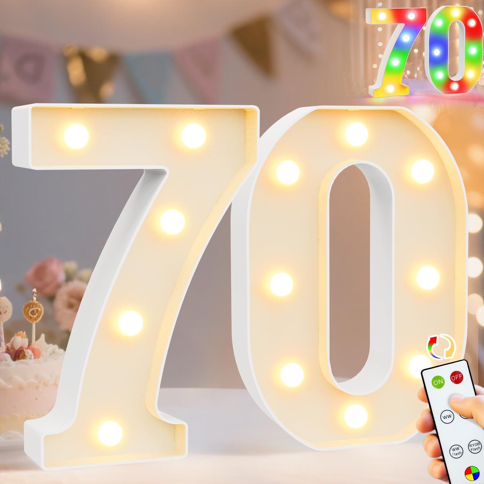 Pooqla 70Th Birthday Decoration For Her Him  Decorative Led Light Up Numbers  Marquee Numbers 70 Sign For Party Backdrop 70Th Wedding Anniversary Decor Gift  Warm White And Colorful Number 70