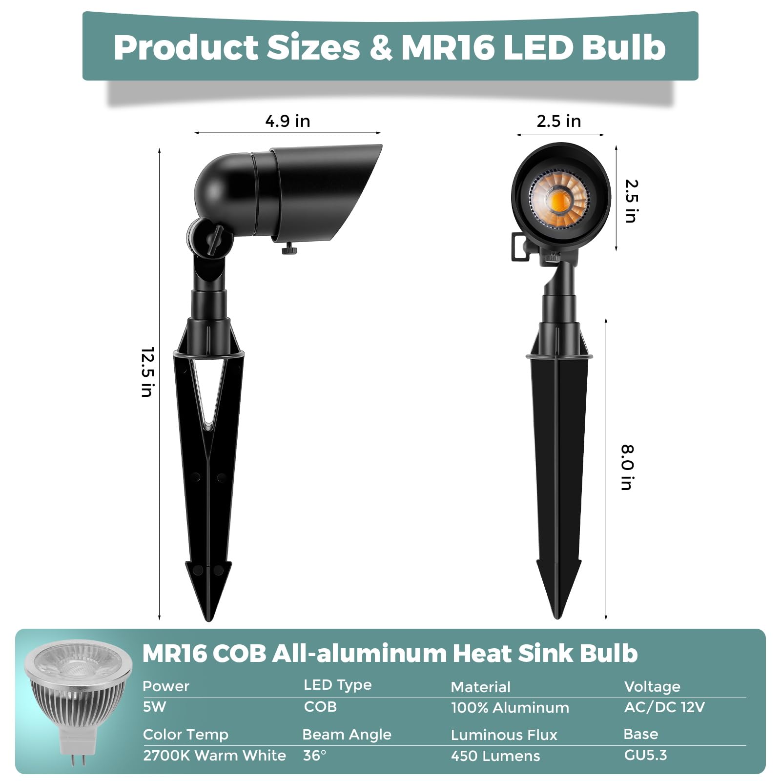 Gardencoin Low Voltage Landscape Spotlight, 12V LED, 2 Pack, Aluminum, Black, Model APC-9600