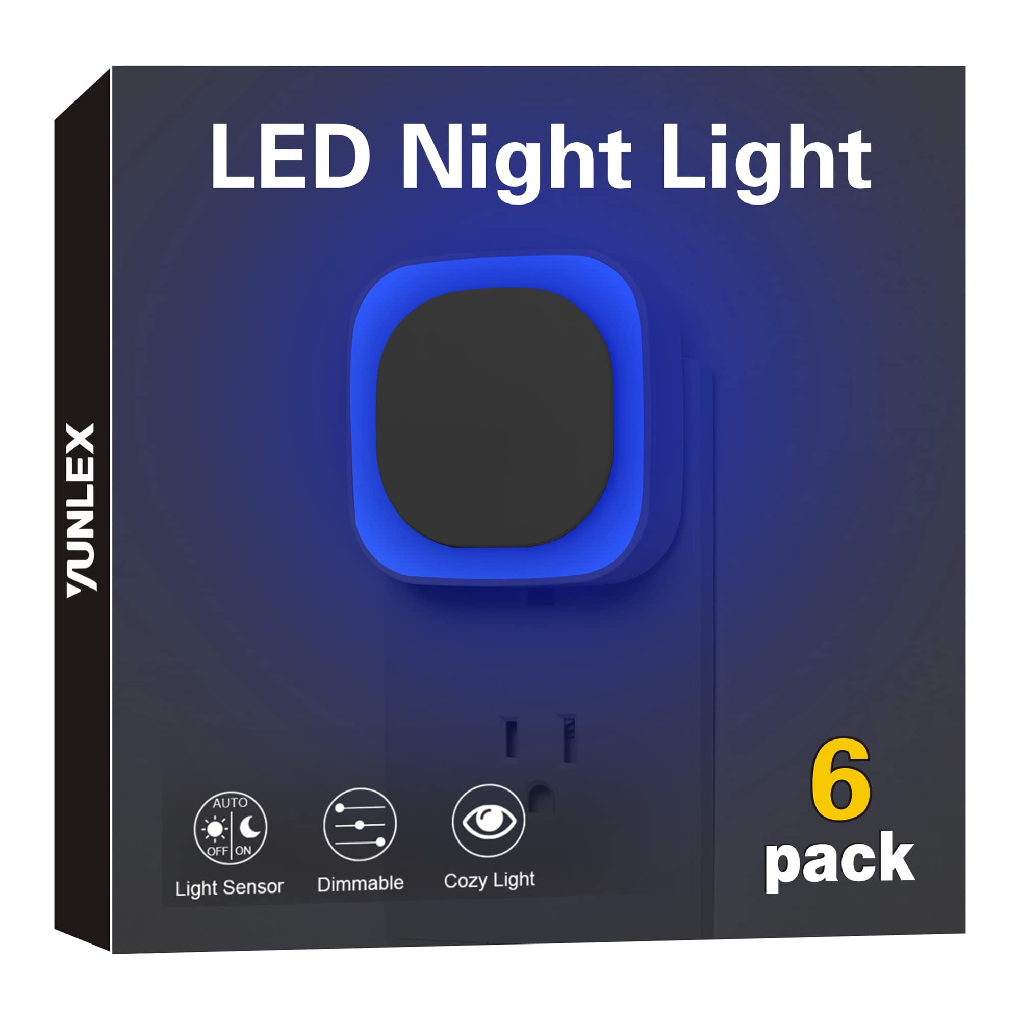 YUNLEX 6 Pack Plug in Dimmable Night Light, Blue Nightlight, Auto Dusk to Dawn Sensor, LED Night Light, Soft Glow, Diffused Ligh