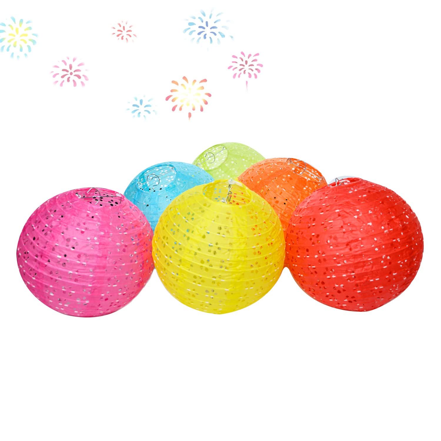 12Pcs Chinese Paper Lanterns With Led Lights Hollow Out Hanging Asia Japanese Paper Lamps With Tassel And Walking Stick, 8 In Lanterns For Chinese New Year Lanterns Decorations(Round)
