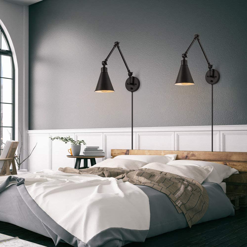 Caduke Swing Arm Wall Lamp For Bedroom, Set Of 2 Plug In Wall Light Fixture With Dimmable Switch, Industrial Metal Black Wall Re