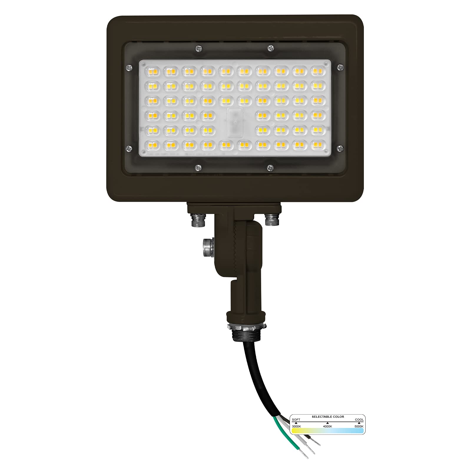 Nuwatt 50W Led Flood Light, 3Cct 3000K/4000K/5000K Selectable, Ip65 Waterproof Lighting, Adjustable Knuckle Mount, 7050Lm, 0-10V Dimmable, 120-277V, Outdoor Security Floodlight For Yard, Bronze, Ul