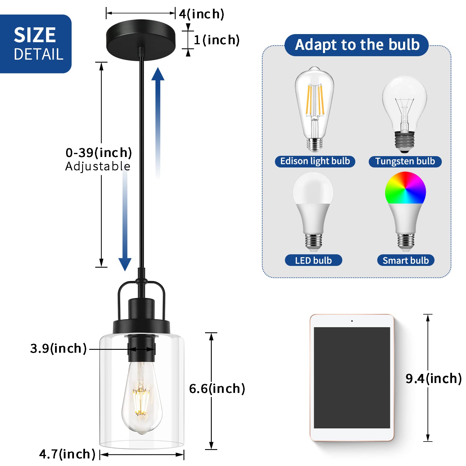 Seable Pendant Light Kitchen Island Black, Modern Pendant Light Fixture Clear Glass Cylinder Hanging Light For Kitchen Decor Din