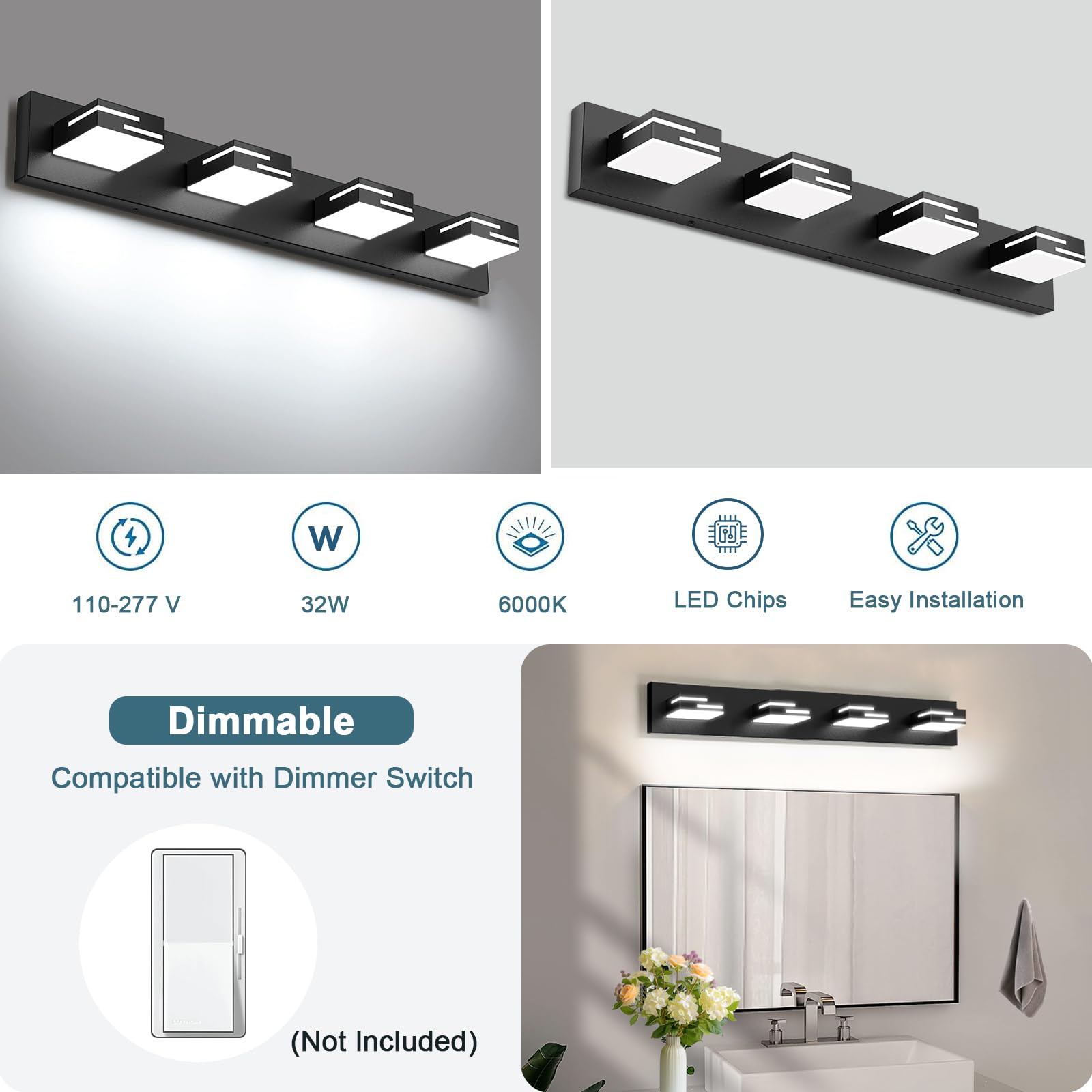 Lkhf Led Modern Bathroom Vanity Light Fixtures 4-Light 28-Inch Dimmable Matte Black Vanity Lights For Bathroom Lighting Fixtures Over Mirror  With 350?Rotatable Acrylic Heads (Cool White 6000K)