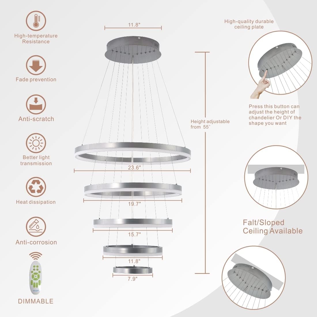 Embring Contemporary Acrylic Modern Led Pendant Chandelier Light Fixture With Remote Control, Dimmable Modern Led Silver Chandelier Featuring 5 Rings For High Ceiling And Dining Room.