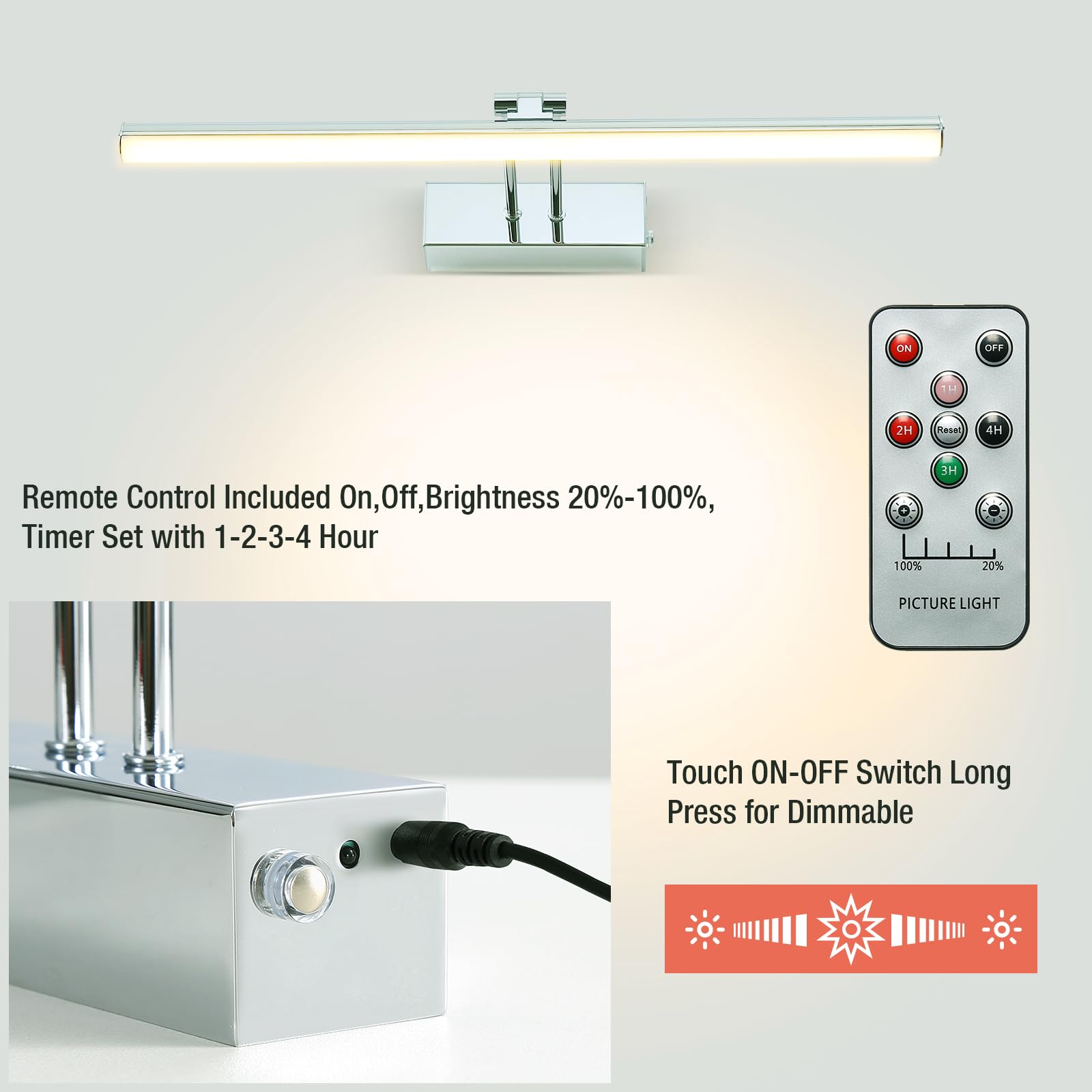 HOWMZON Battery Picture Light, 16in Wireless Art Light, Full Metal, Chrome, Model HW2309