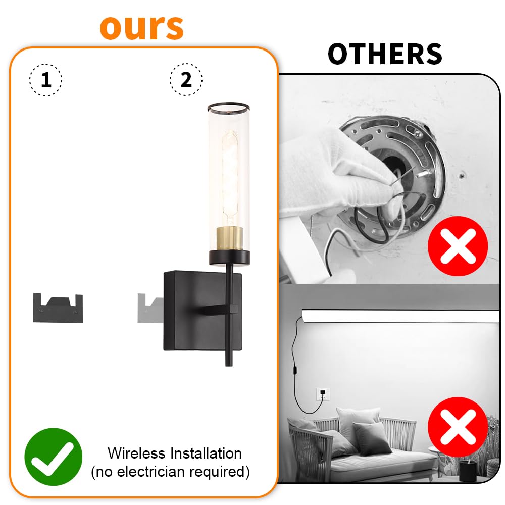 DSMJFU Battery Operated Wall Sconce Set of 2, Modern Metal USB Rechargeable, Wireless Dimmable, 15.94in, Black and Gold
