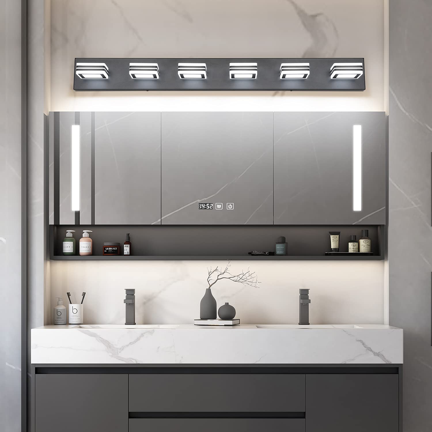 SOLFART Modern LED 6-Light Vanity Light Fixture, Dimmable Matt Black, Model S9660-6T-BK, Over Mirror Bathroom Lighting