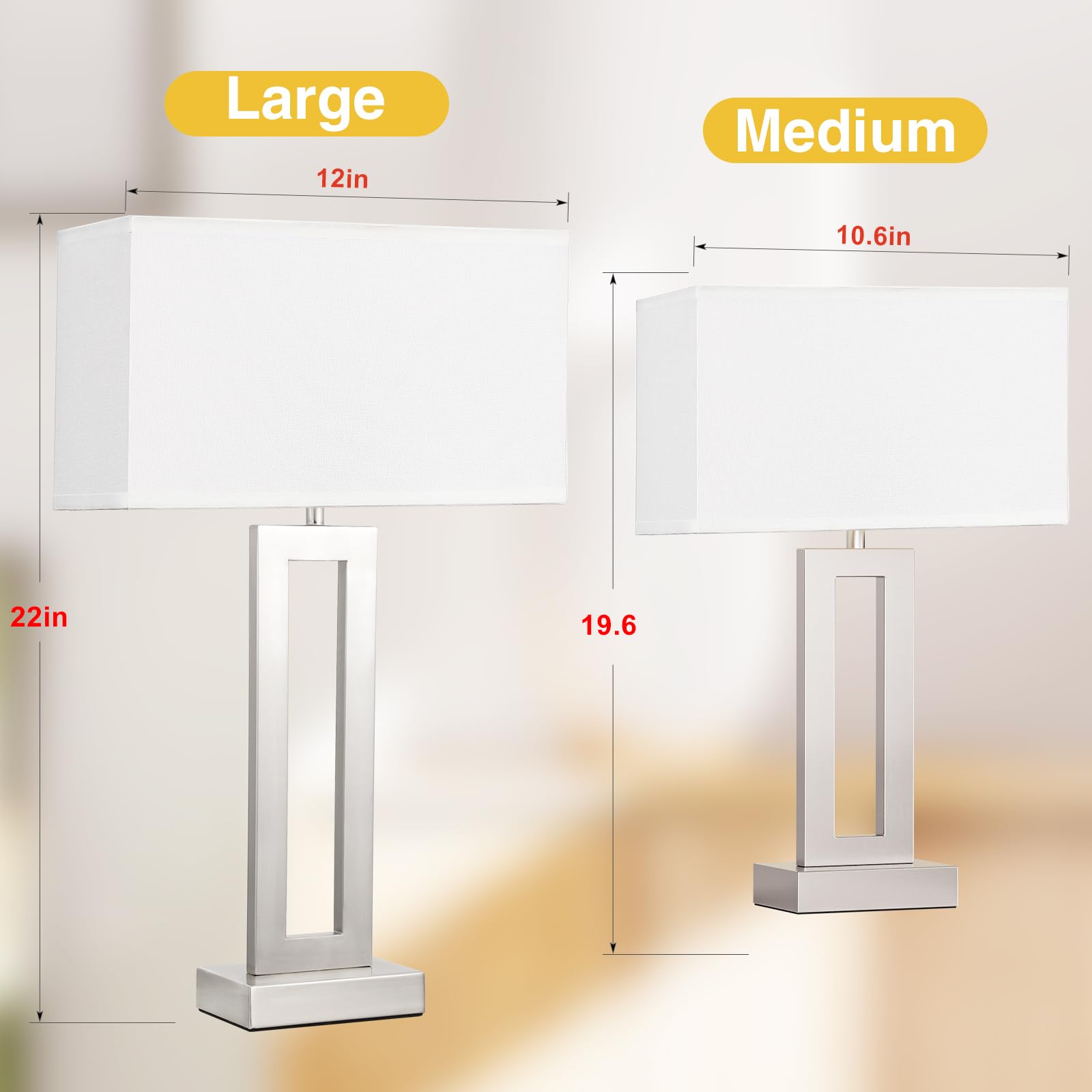 Seealle 22" Touch Dimmable Bedroom Lamps with USB C+A - Modern White & Silver Bedside Lighting for Nightstands