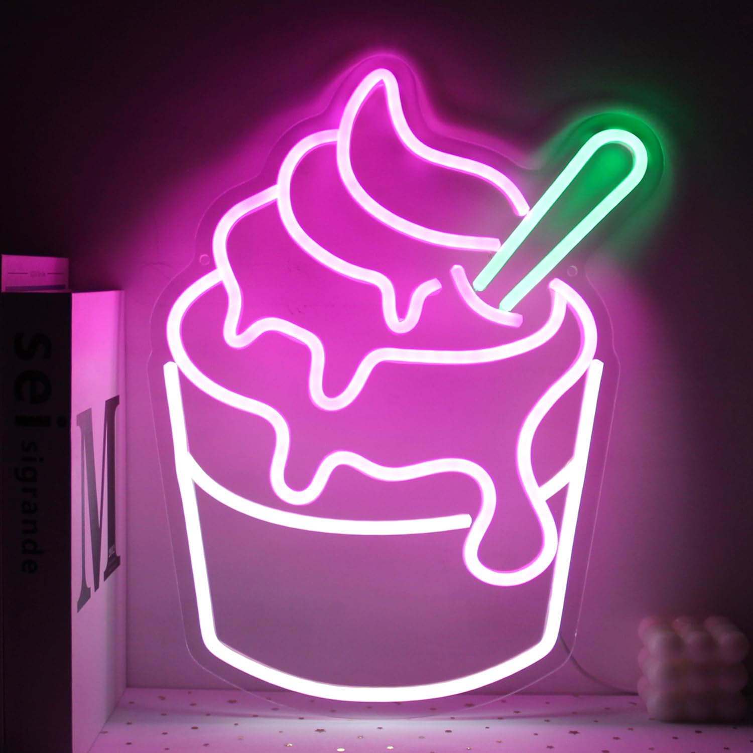CKTBLEY Ice Cream Neon Sign Pink White Sundae LED Neon Lights Signs Cupcake Neon Signs for Business Wall Decor Melting Ice Cream